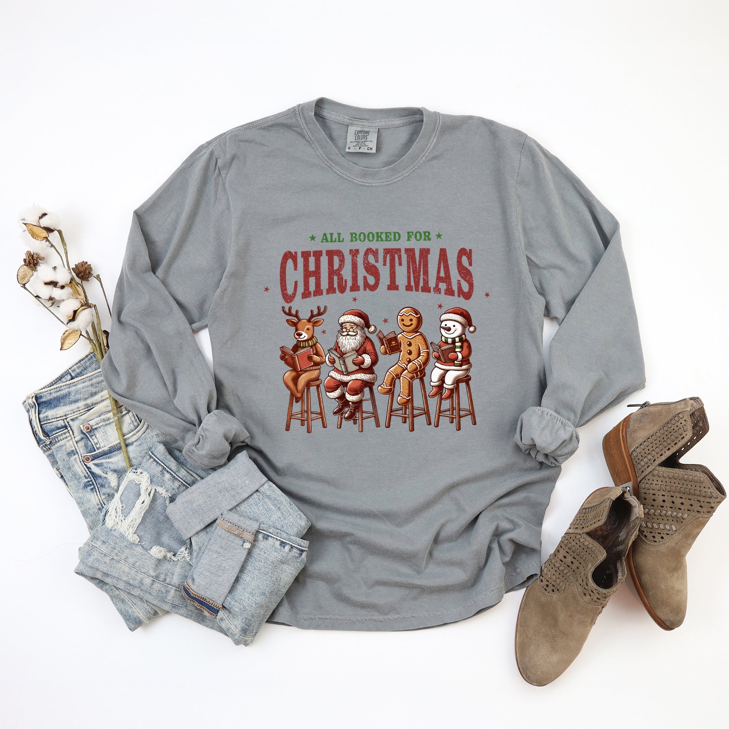 Booked For Christmas Stool - Women's Garment Dyed Long Sleeve Graphic T-Shirt