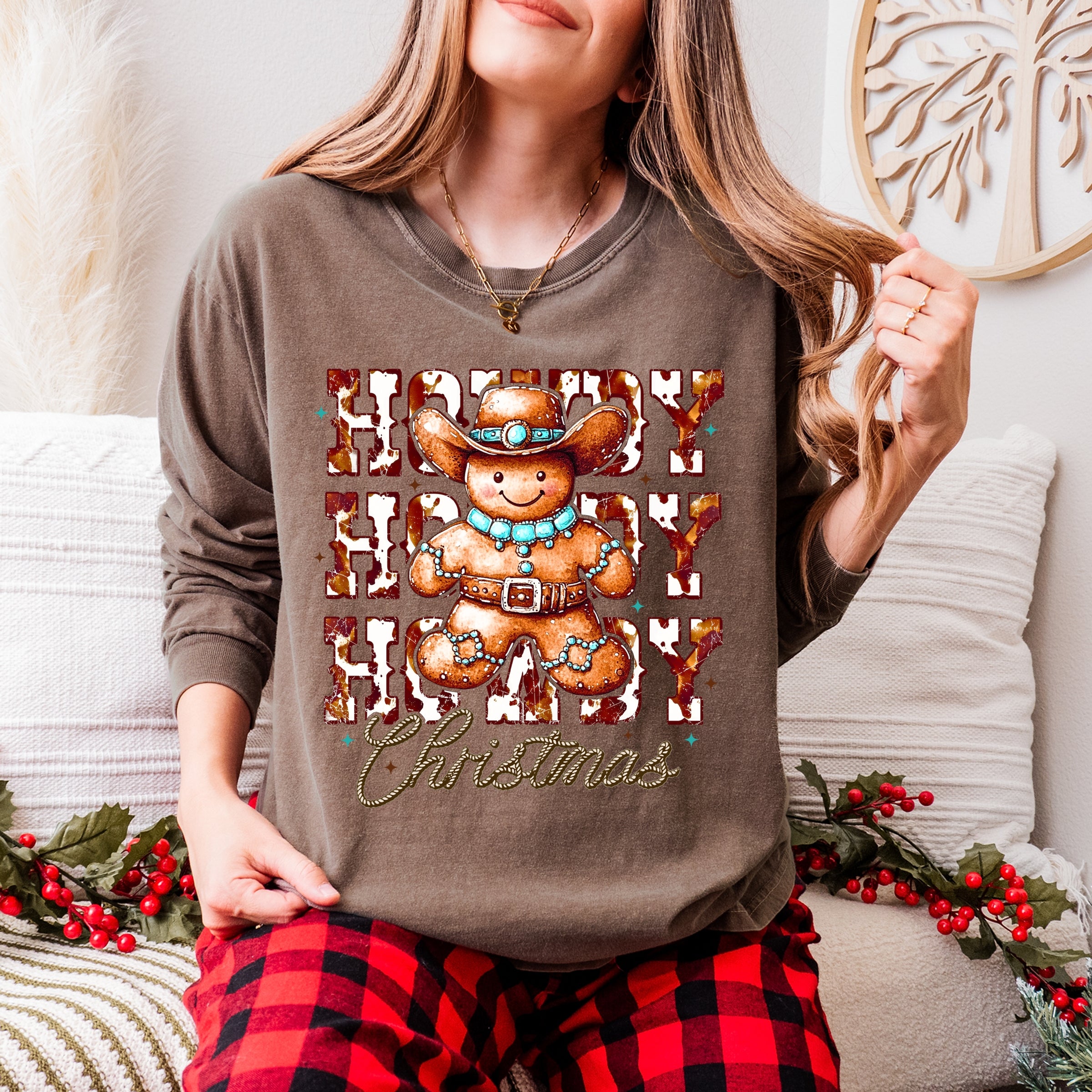 Howdy Gingerbread - Women's Garment Dyed Long Sleeve Graphic T-Shirt