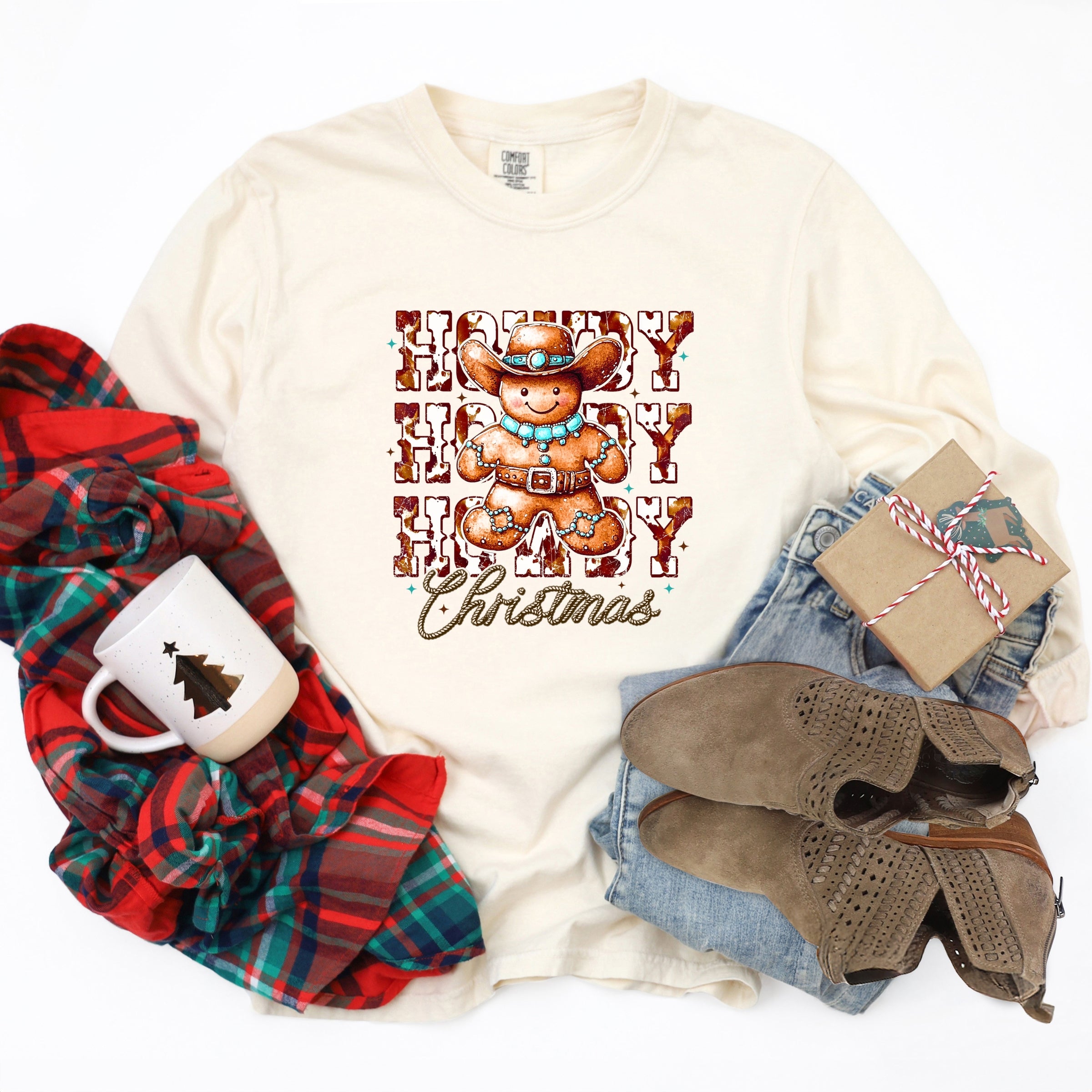 Howdy Gingerbread - Women's Garment Dyed Long Sleeve Graphic T-Shirt