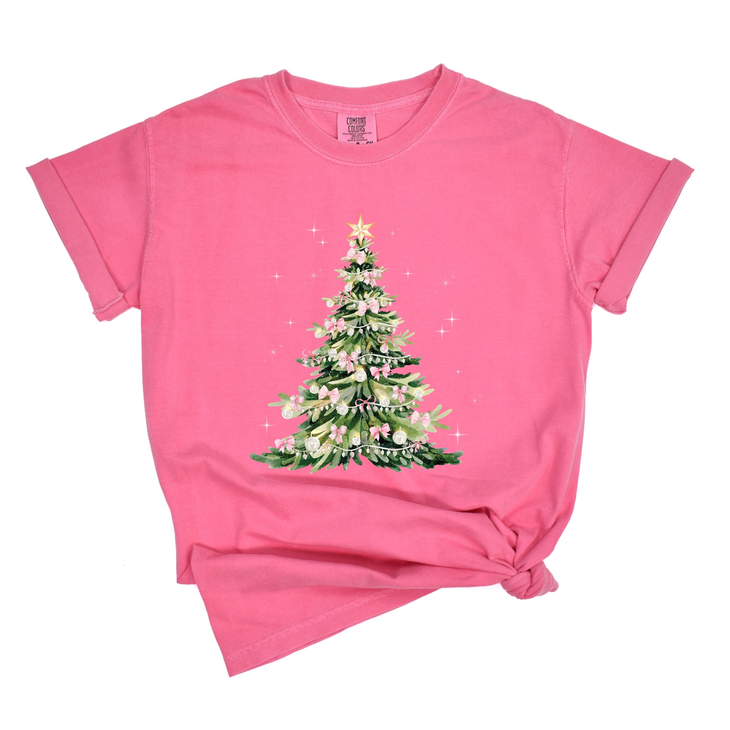 Watercolor Christmas Tree Sparkle - Womens Garment Dyed Tee