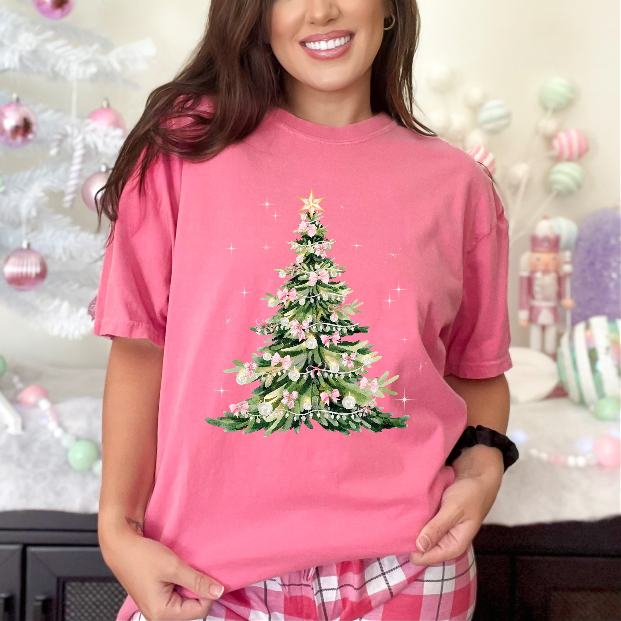 Watercolor Christmas Tree Sparkle - Womens Garment Dyed Tee