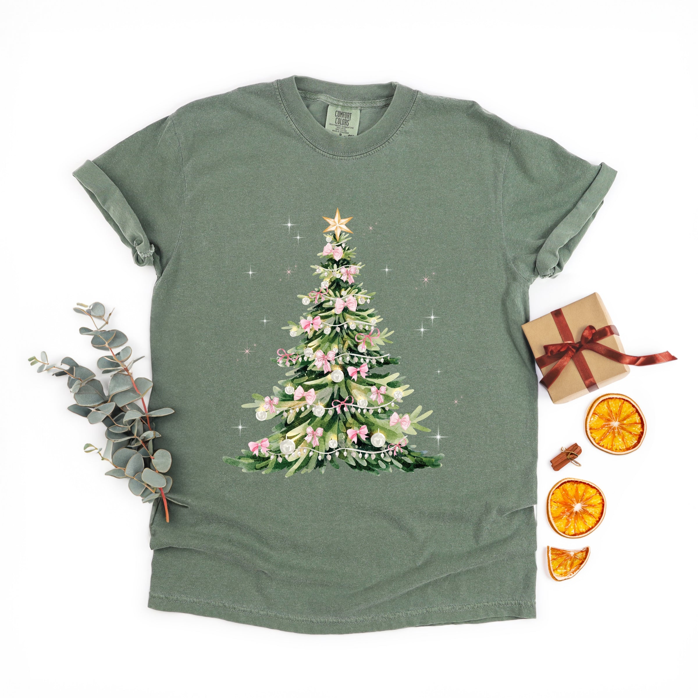 Watercolor Christmas Tree Sparkle - Womens Garment Dyed Tee