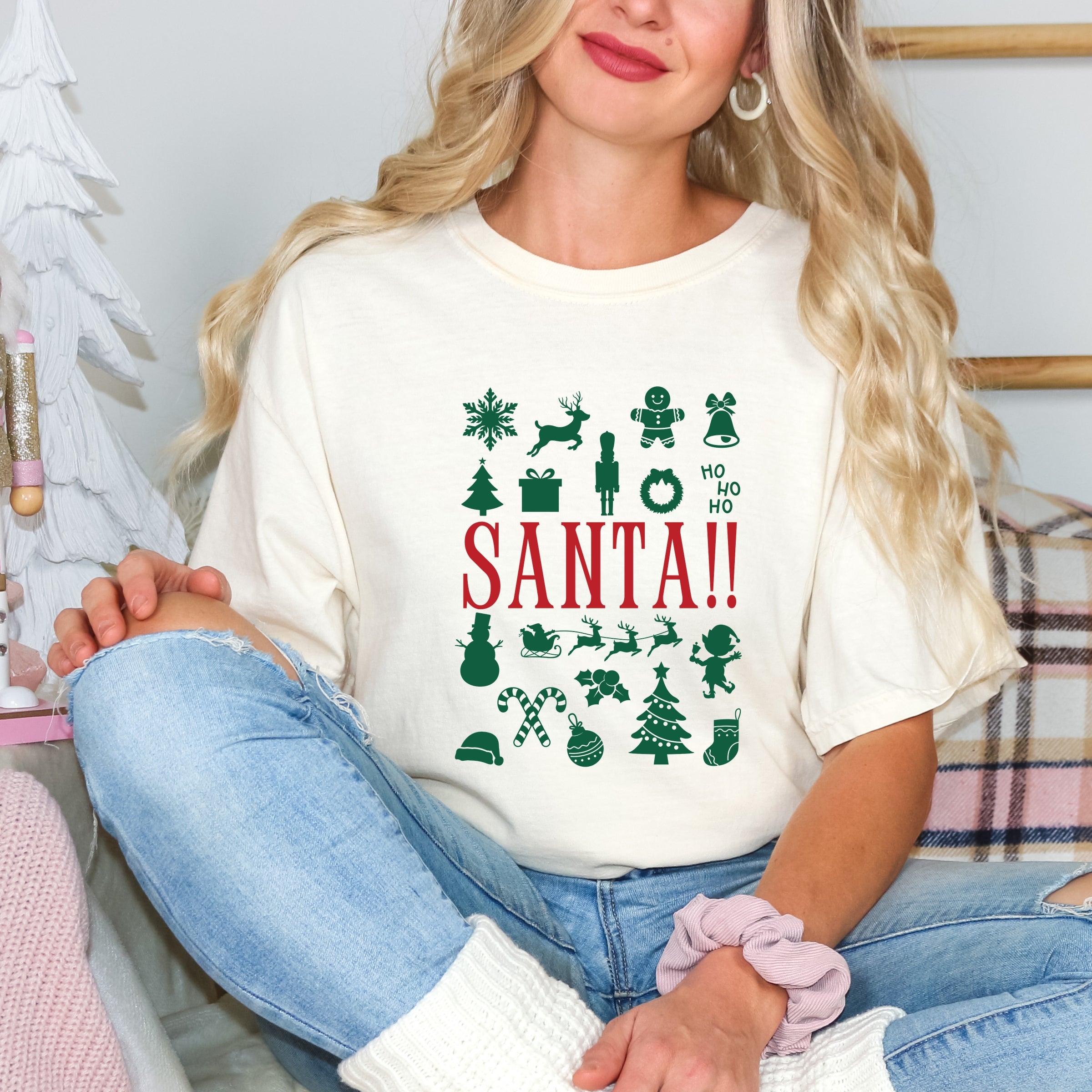 Santa Christmas Icons - Womens Garment Dyed Tee