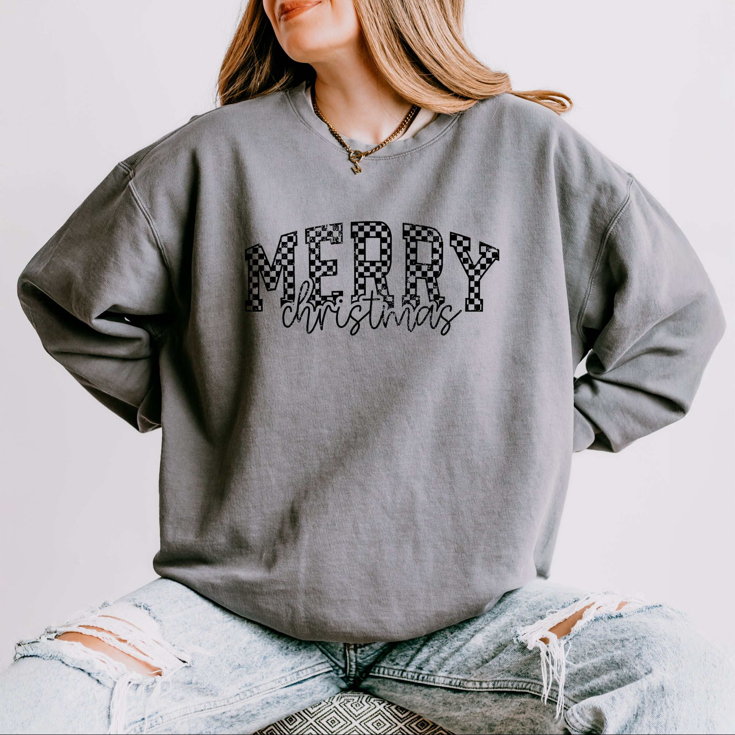 Merry Christmas Varsity Checkered - Lightweight Garment Dyed Sweatshirt