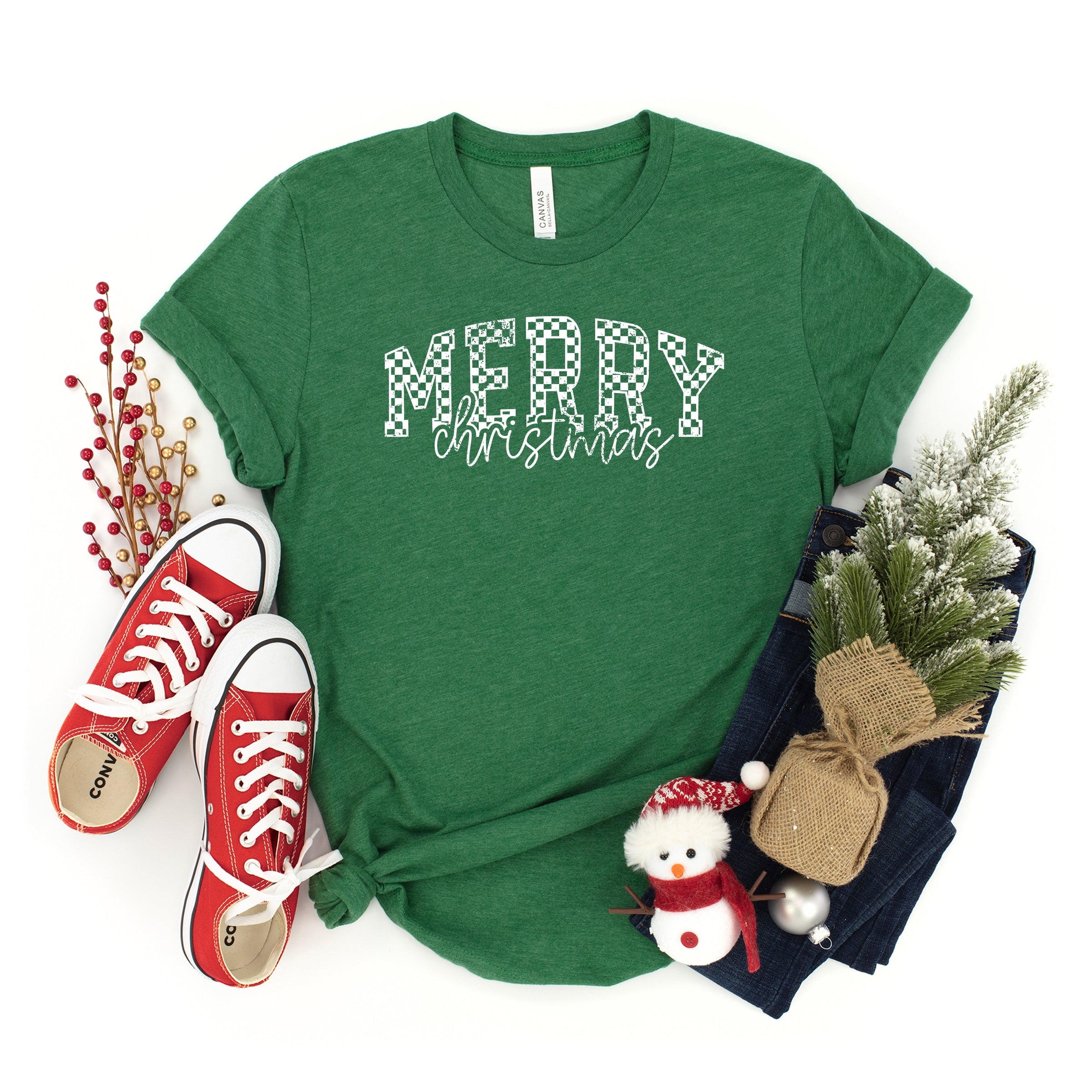 Merry Christmas Varsity Checkered - Youth Short Sleeve Graphic T-Shirt