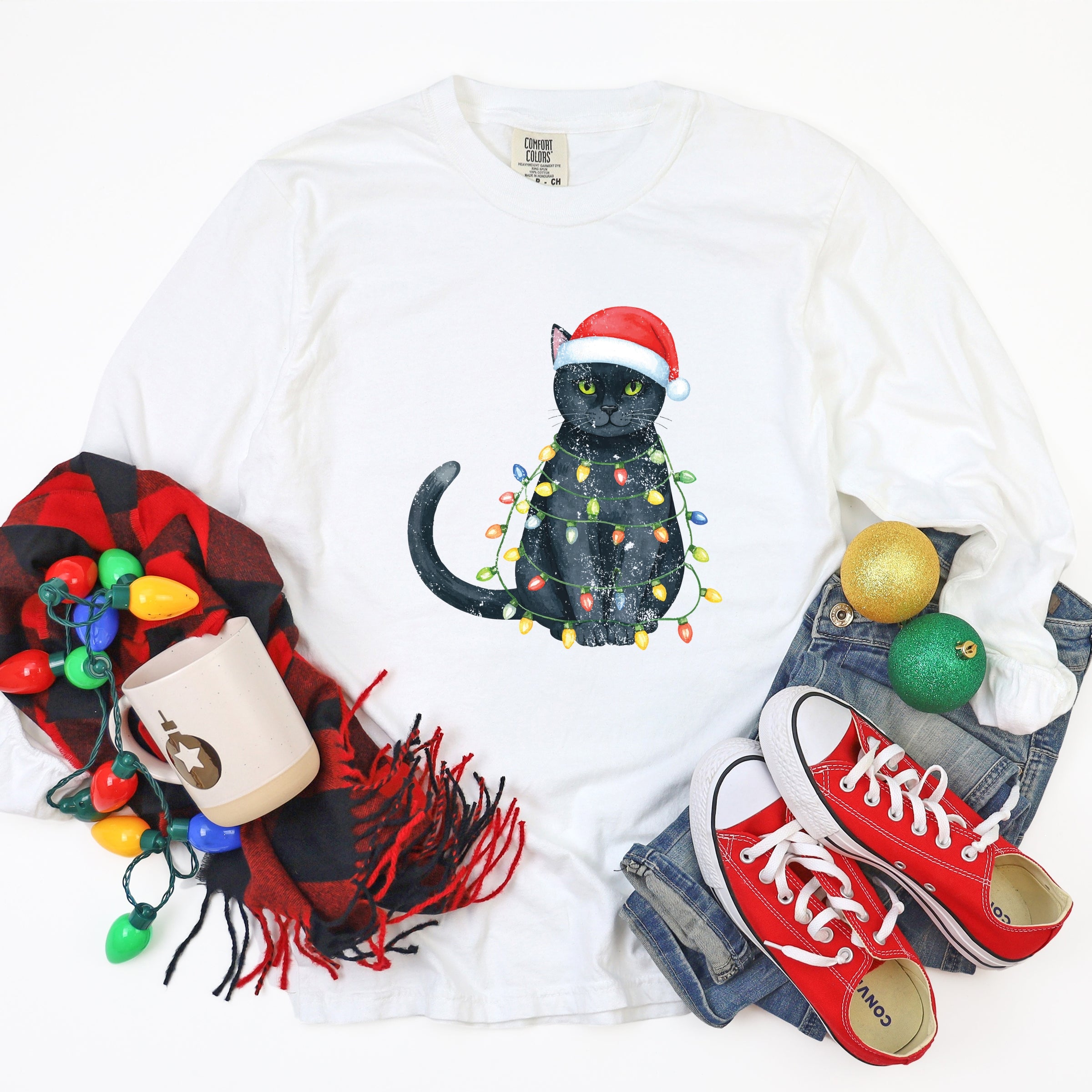 Black Cat Christmas Lights - Garment Dyed Long Sleeve