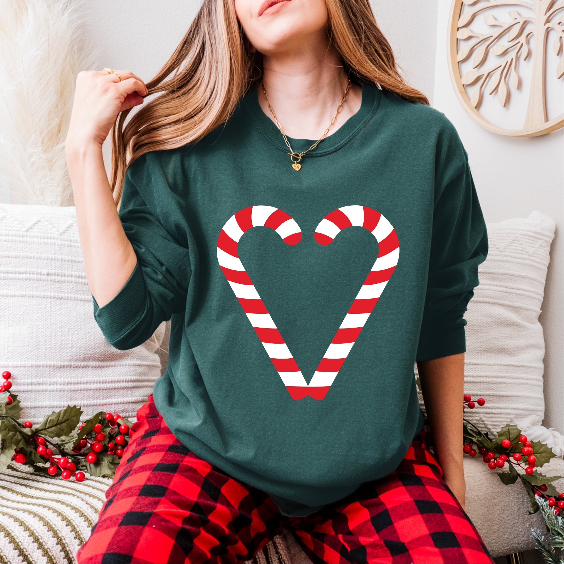 Candy Cane Heart - Women's Garment Dyed Long Sleeve