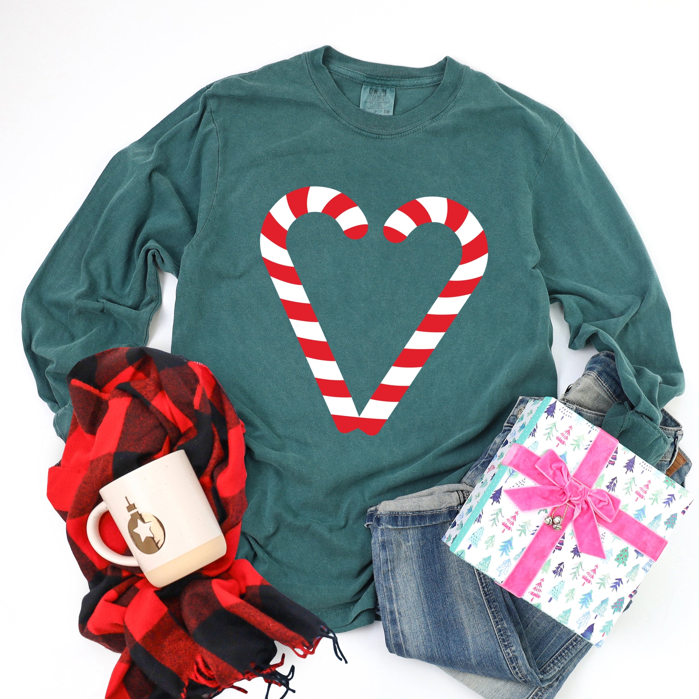 Candy Cane Heart - Women's Garment Dyed Long Sleeve