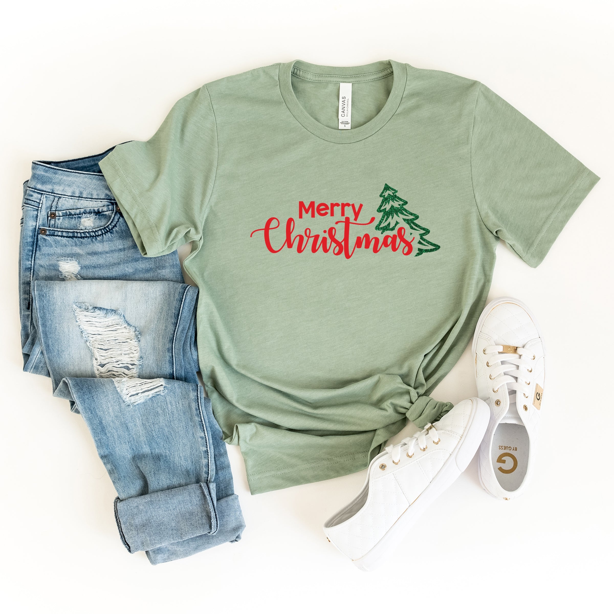 Merry Christmas Glitter Tree - Womens Short Sleeve Tee
