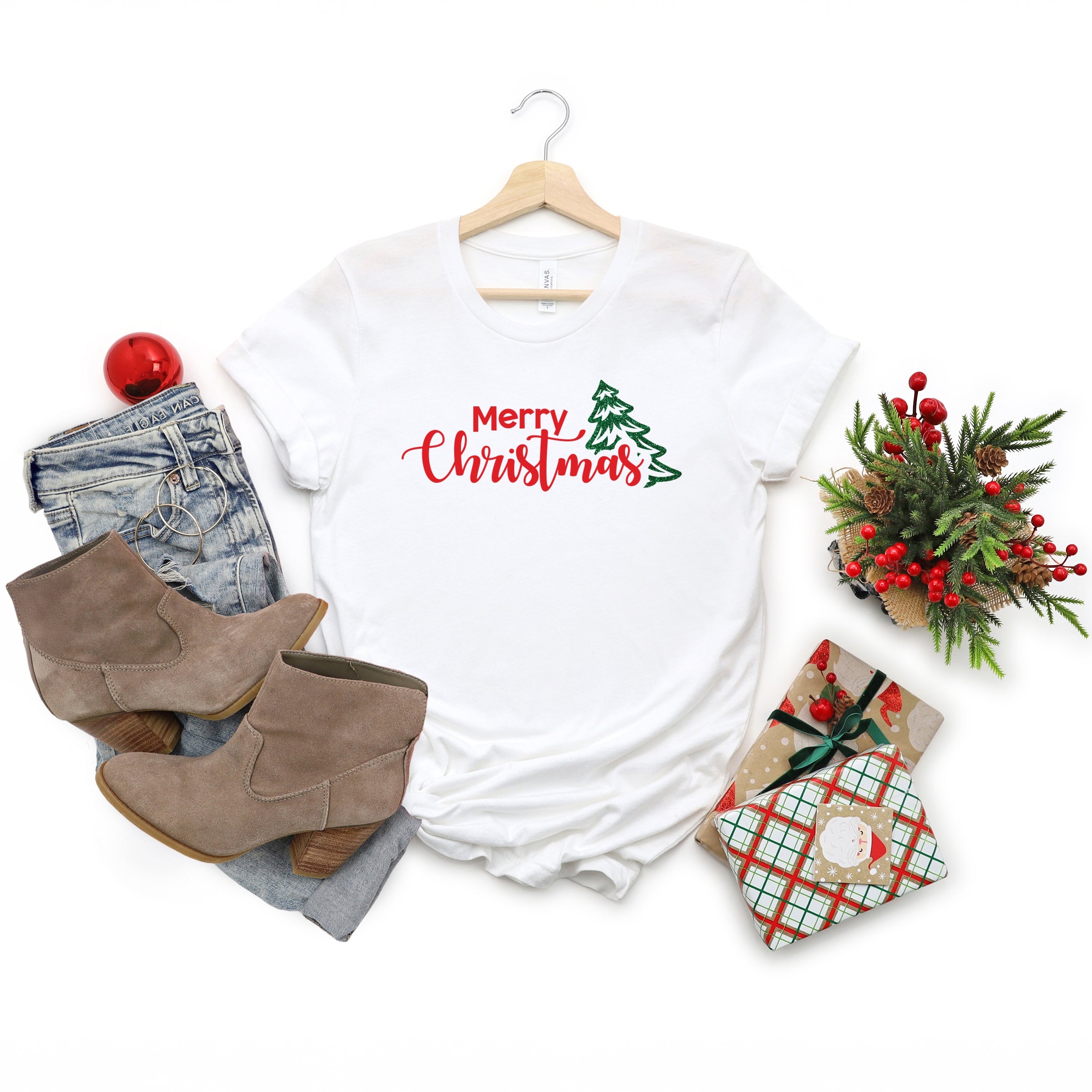 Merry Christmas Glitter Tree - Womens Short Sleeve Tee