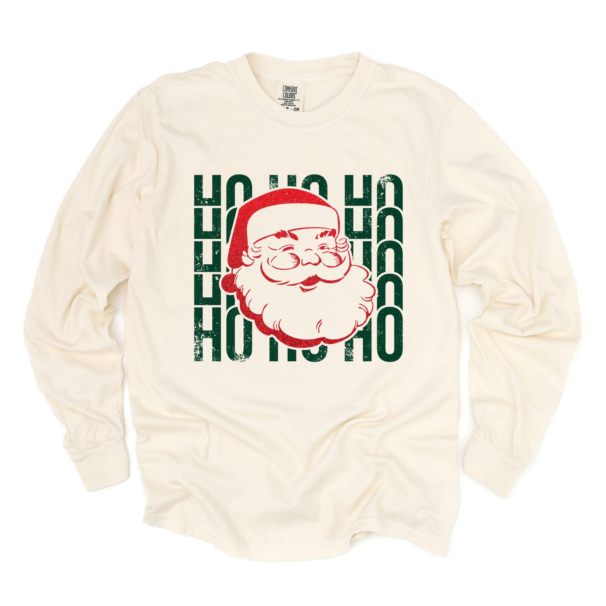 Ho Ho Ho Glitter Santa - Womens Garment Dyed Long Sleeve