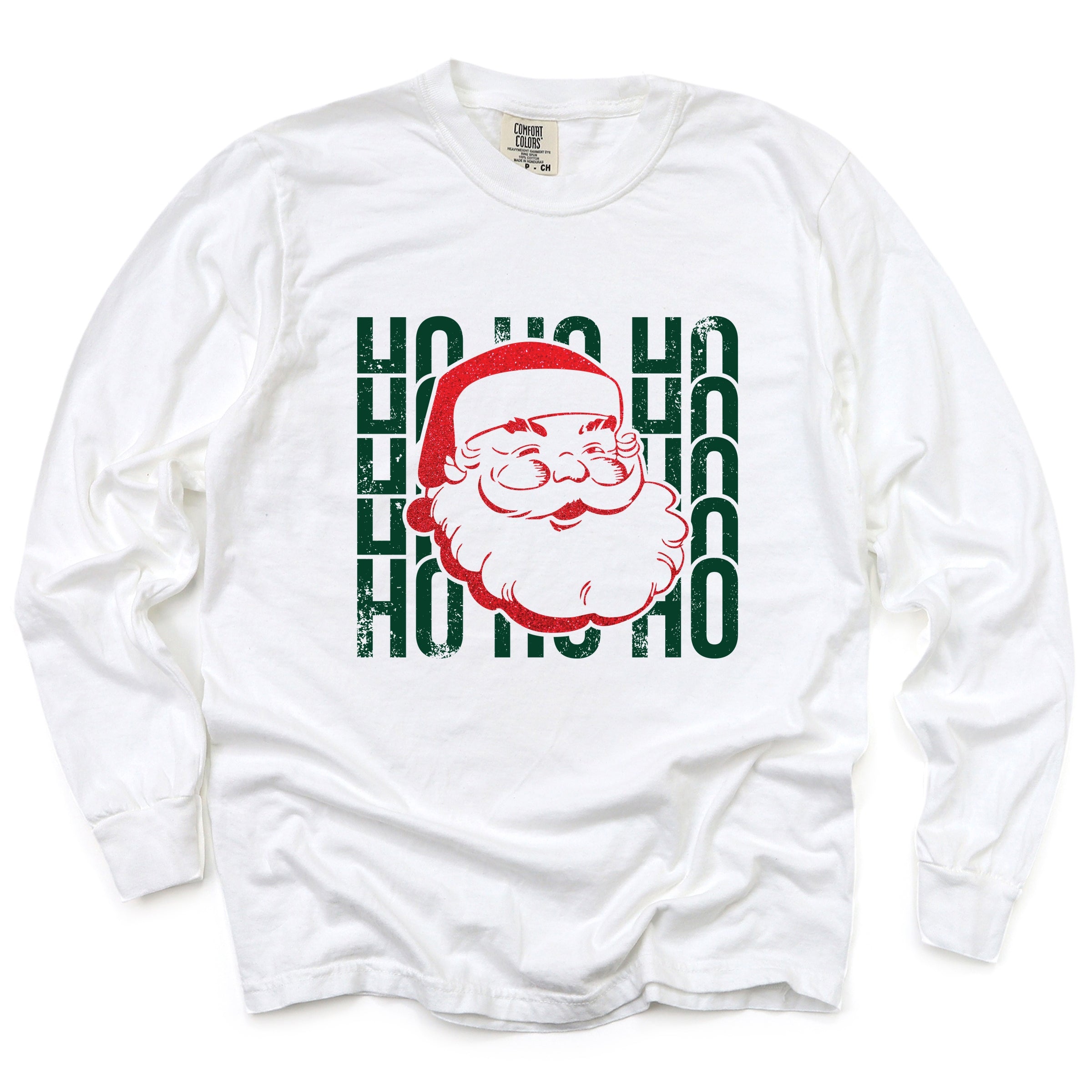 Ho Ho Ho Glitter Santa - Women's Garment Dyed Long Sleeve