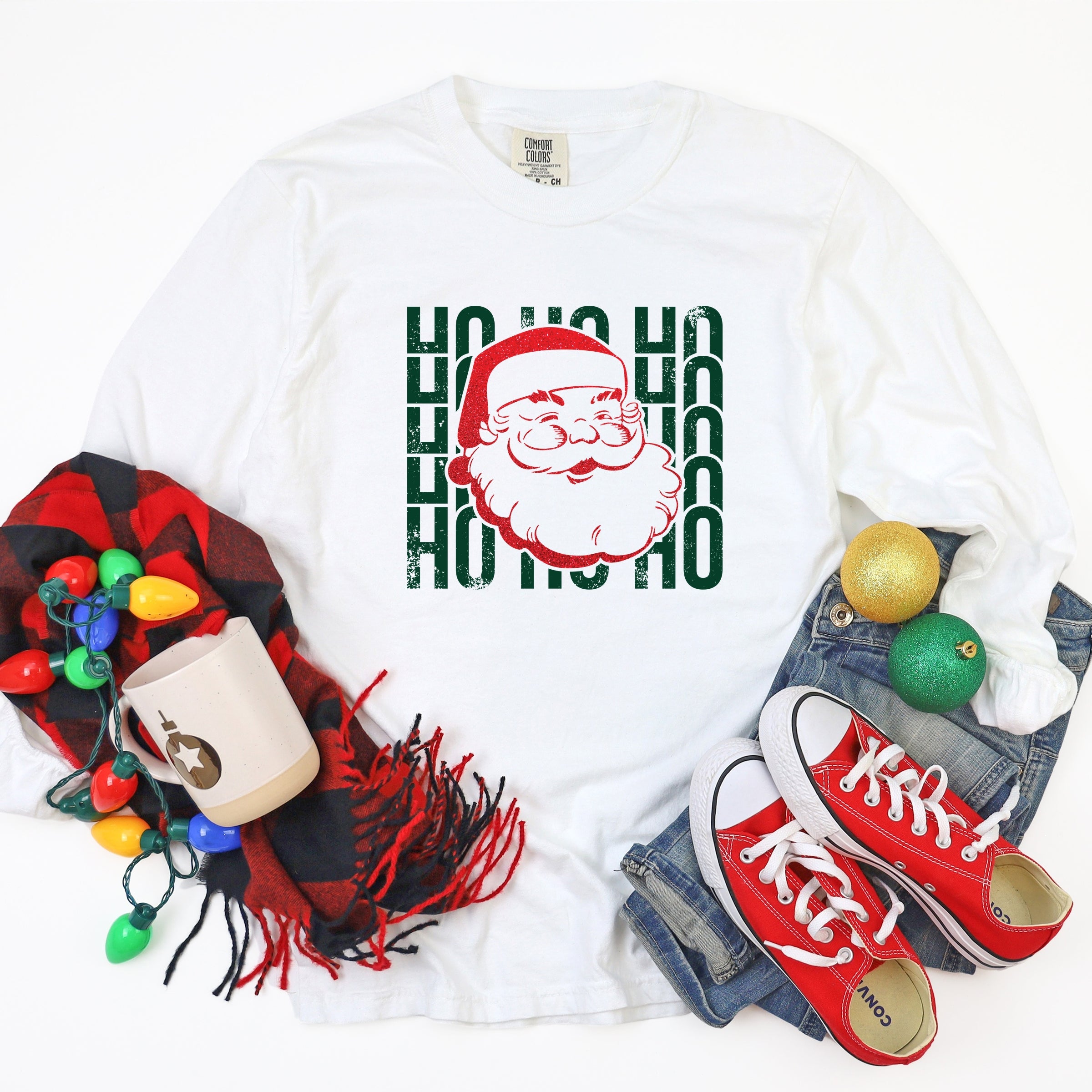 Ho Ho Ho Glitter Santa - Womens Garment Dyed Long Sleeve
