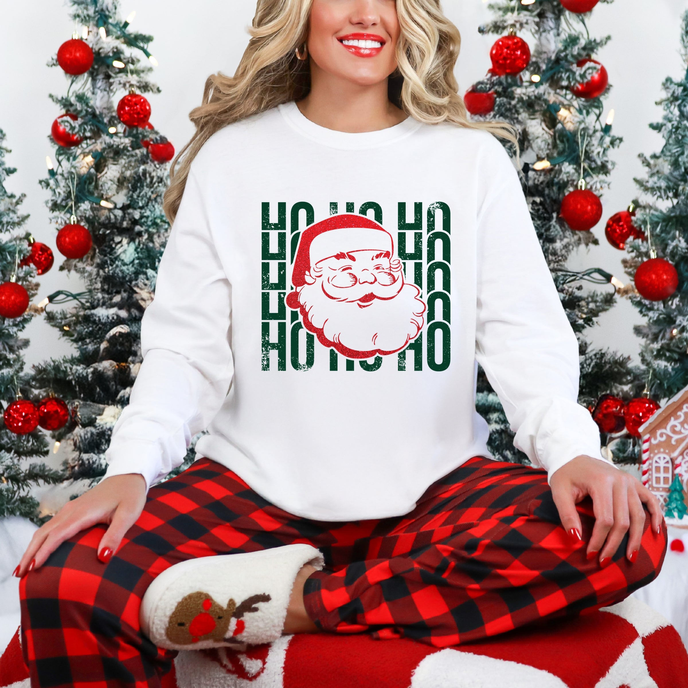 Ho Ho Ho Glitter Santa - Womens Garment Dyed Long Sleeve