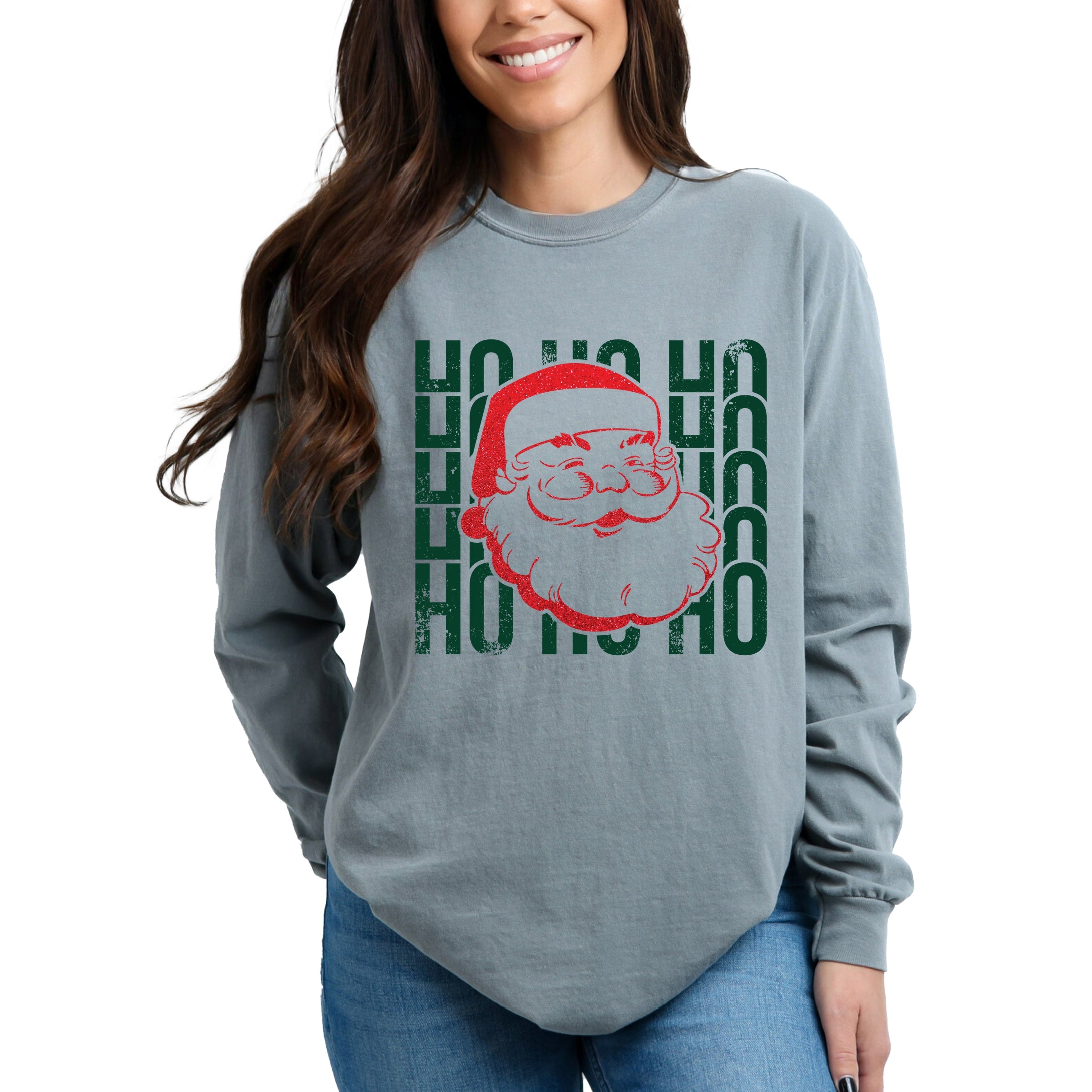 Ho Ho Ho Glitter Santa - Womens Garment Dyed Long Sleeve