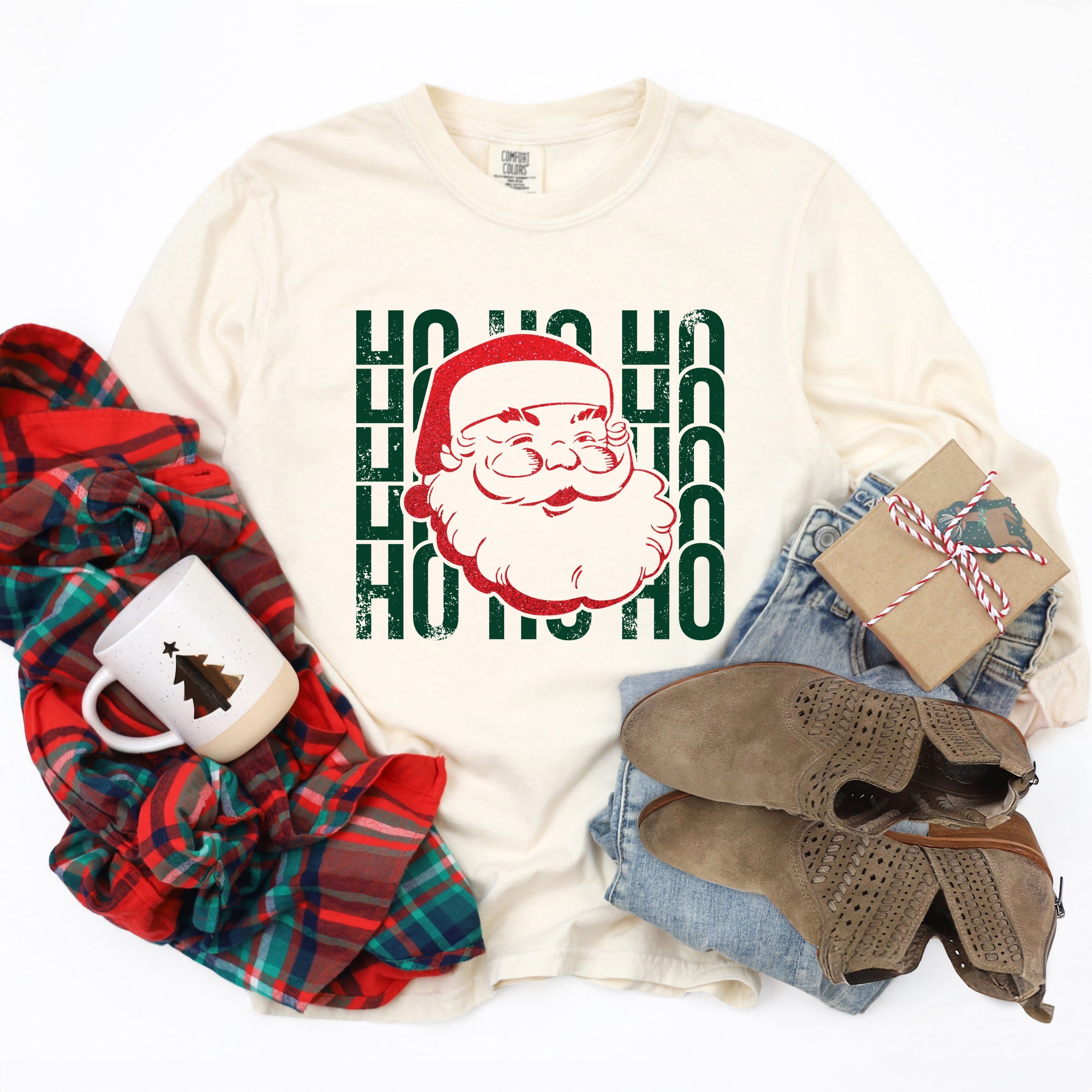 Ho Ho Ho Glitter Santa - Womens Garment Dyed Long Sleeve