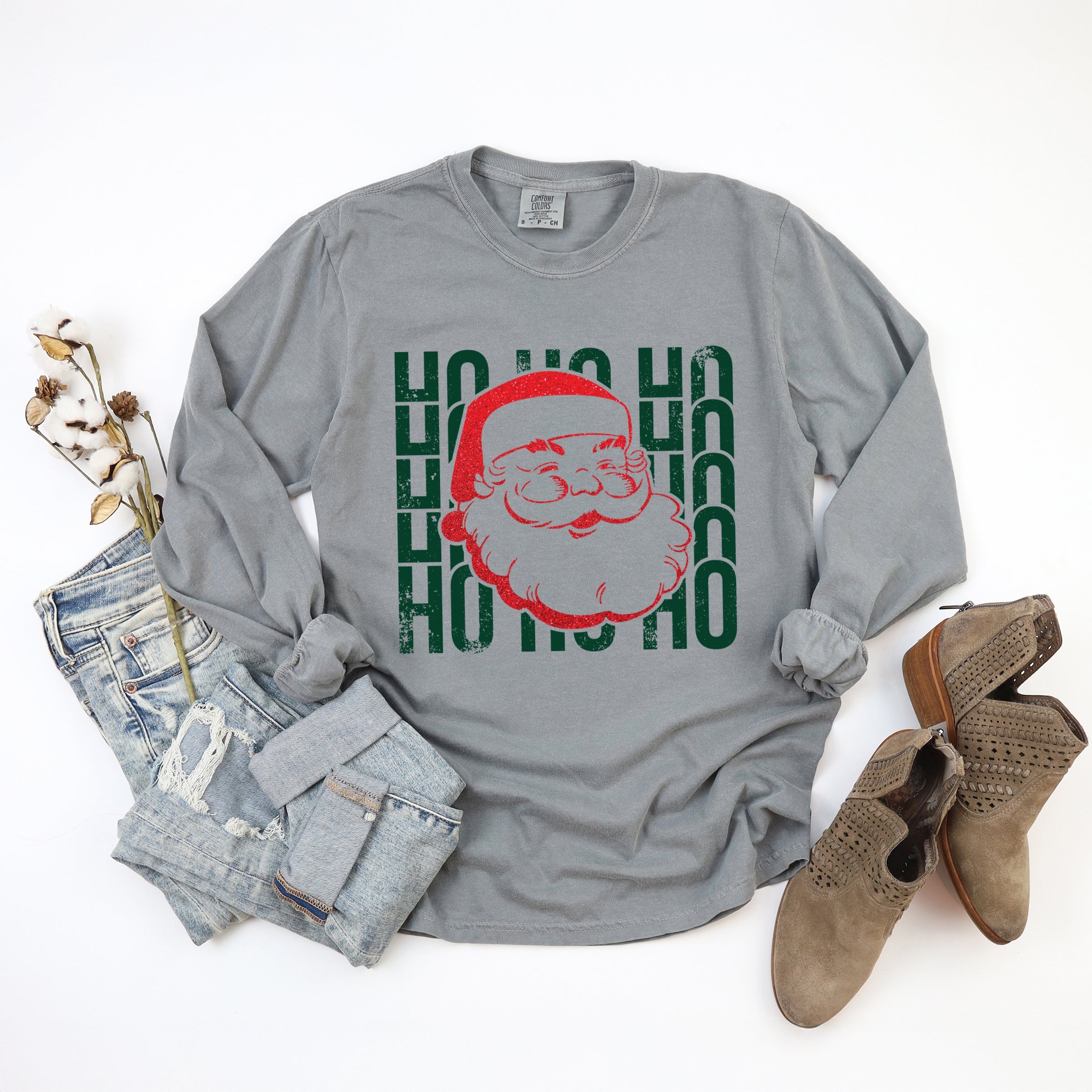 Ho Ho Ho Glitter Santa - Womens Garment Dyed Long Sleeve