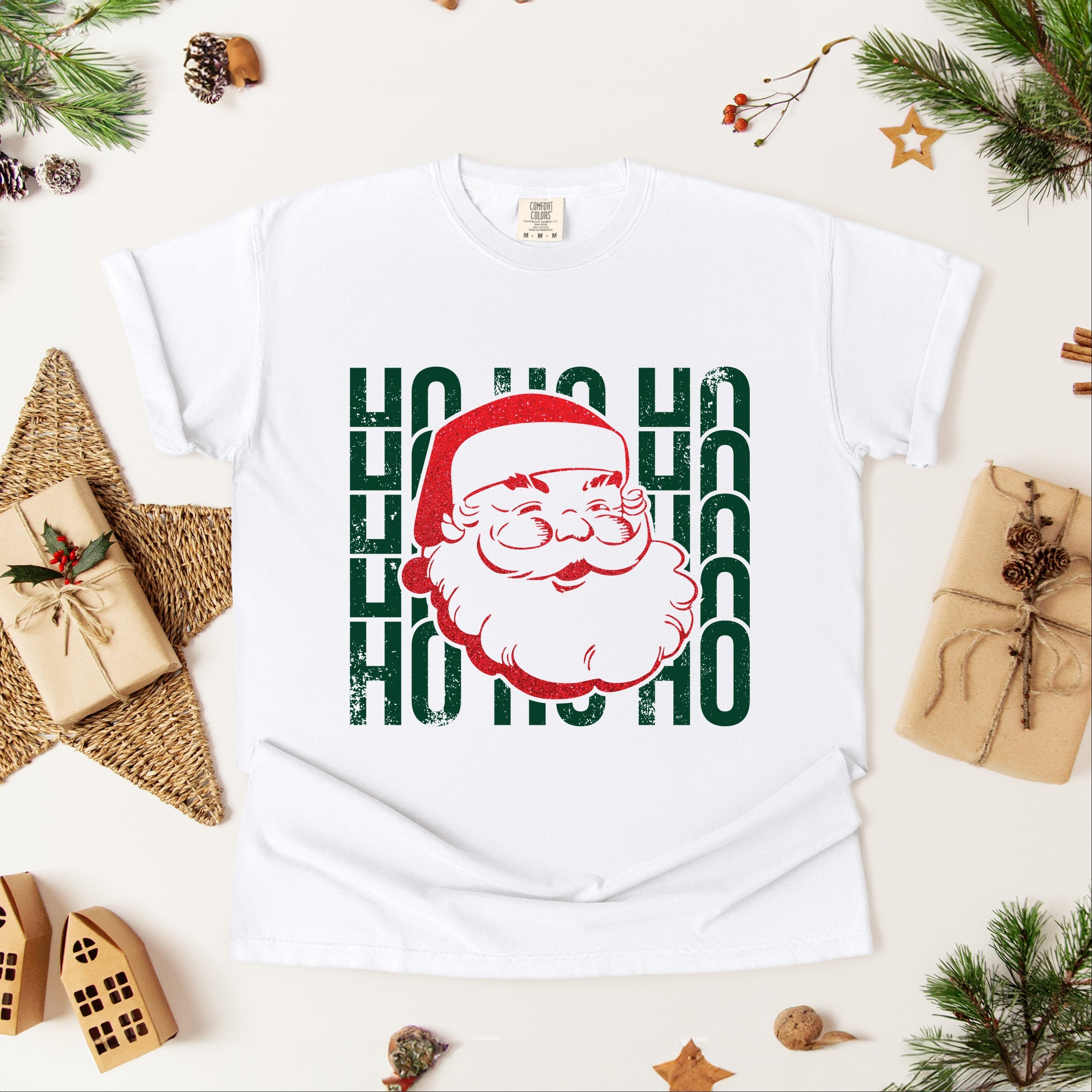 Ho Ho Ho Glitter Santa - Womens Garment Dyed Tee