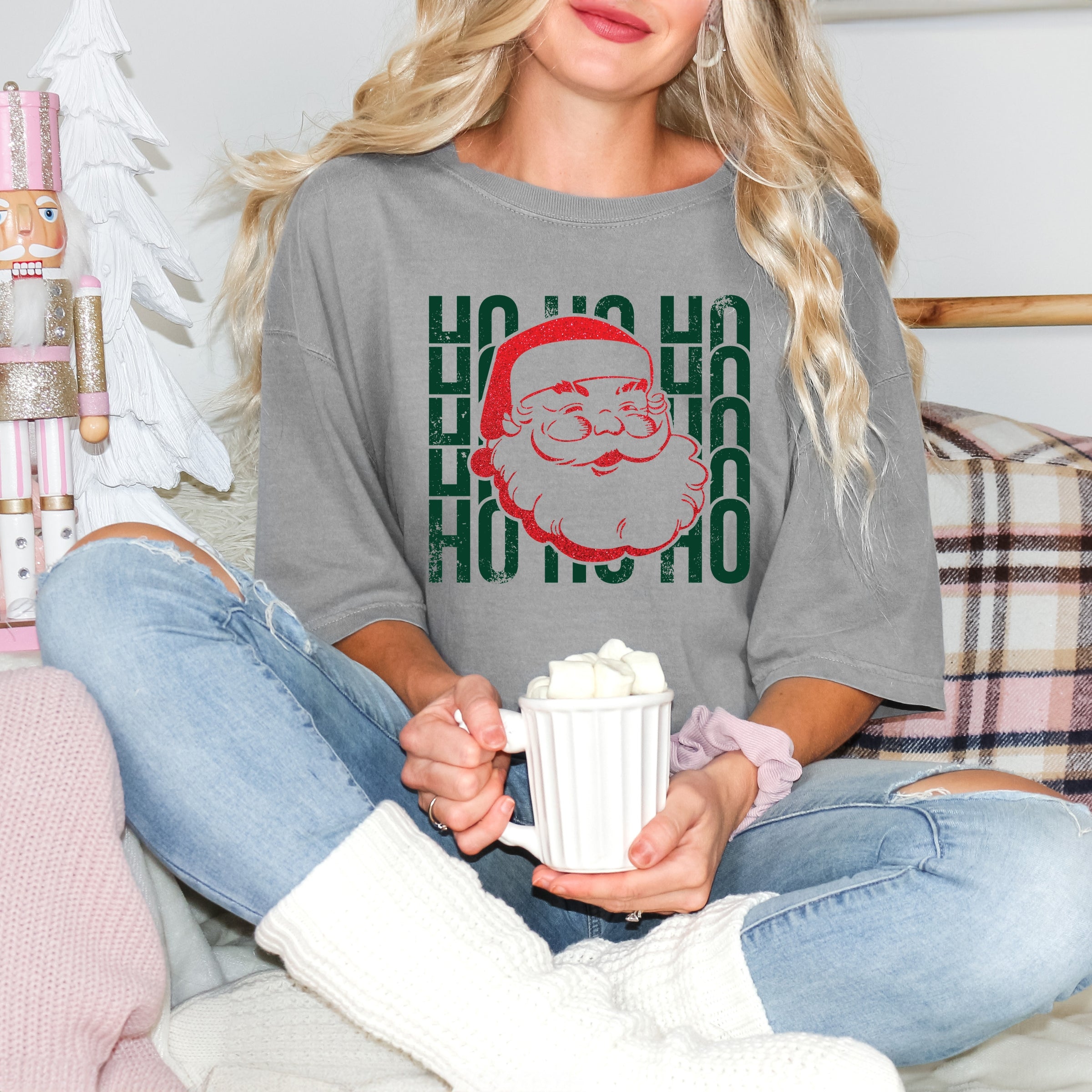 Ho Ho Ho Glitter Santa - Womens Garment Dyed Tee