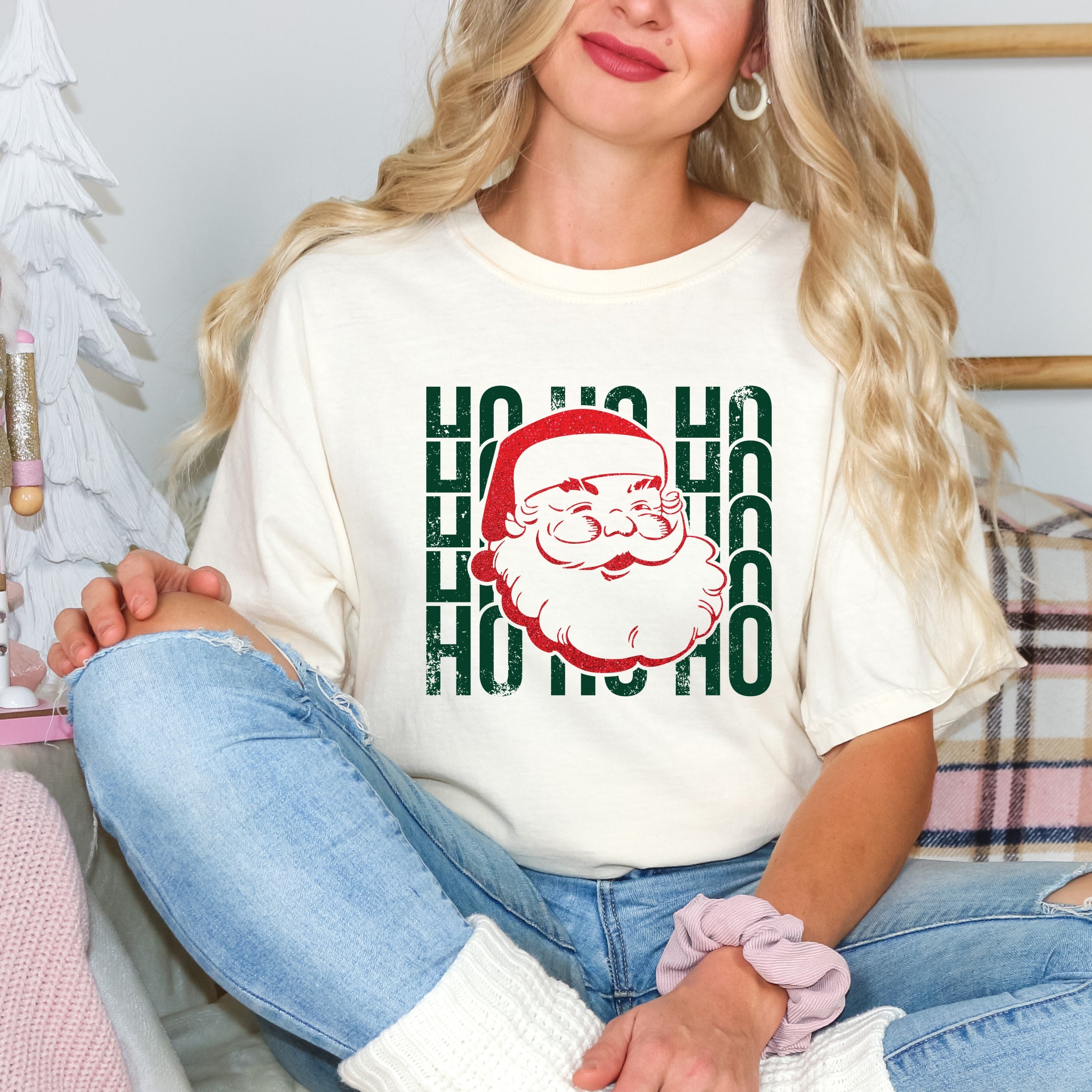Ho Ho Ho Glitter Santa - Womens Garment Dyed Tee