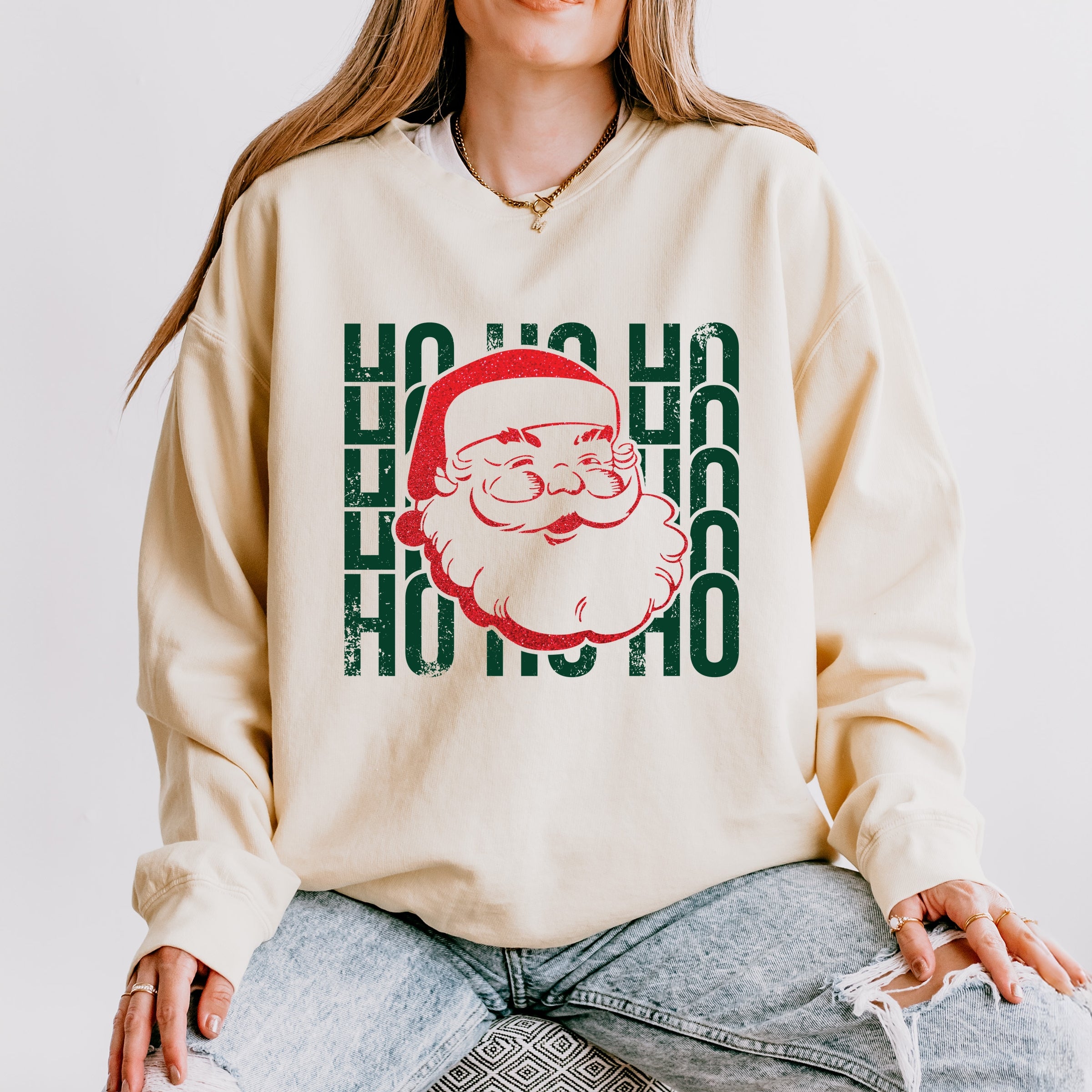 Ho Ho Ho Glitter Santa - Womens Lightweight Garment Dyed Sweatshirt