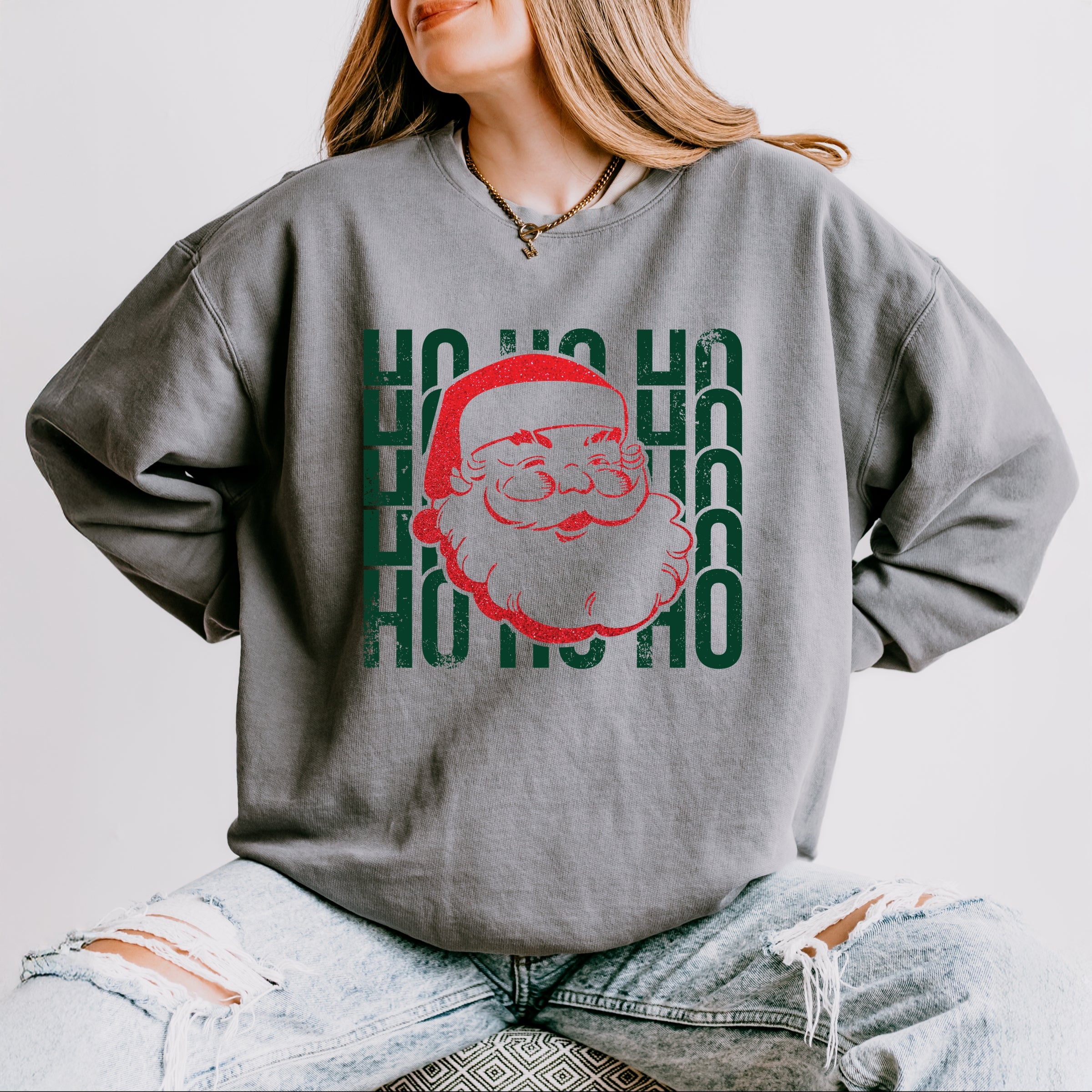 Ho Ho Ho Glitter Santa - Womens Lightweight Garment Dyed Sweatshirt