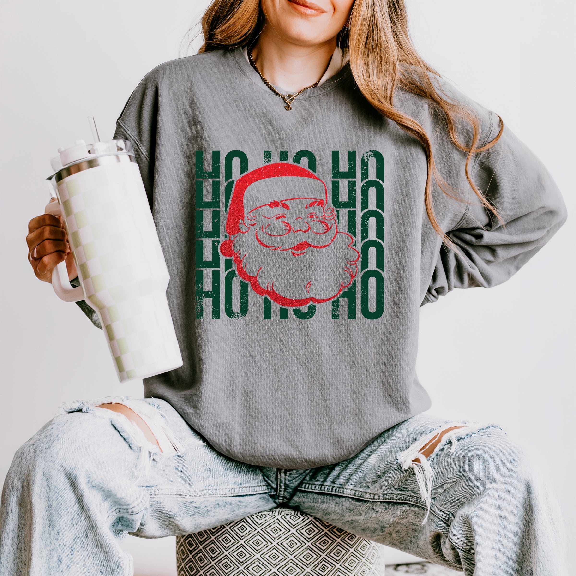 Ho Ho Ho Glitter Santa - Womens Lightweight Garment Dyed Sweatshirt