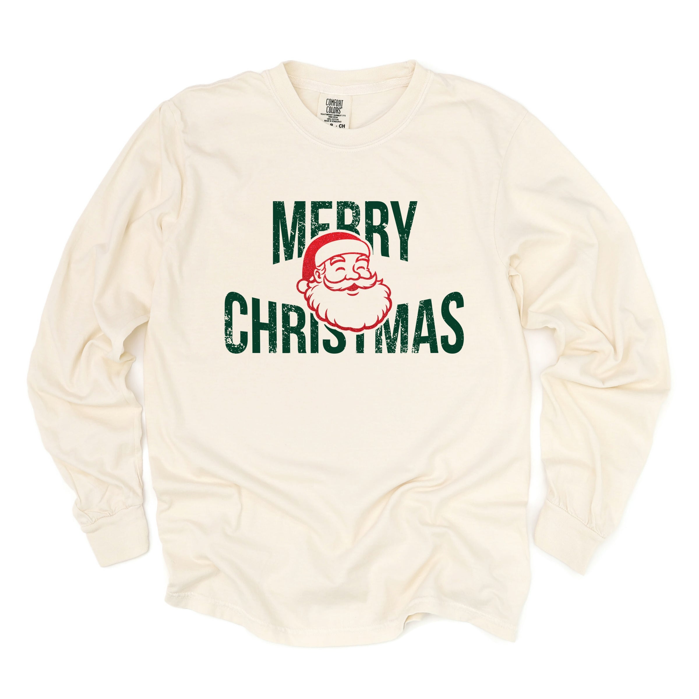 Merry Christmas Arched Glitter Santa - Womens Garment Dyed Long Sleeve