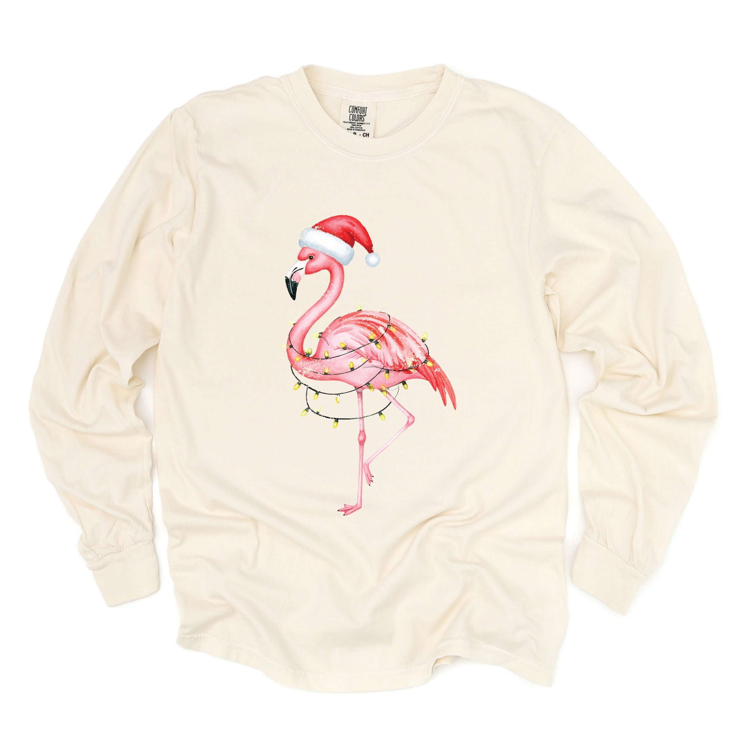 Flamingo Christmas Lights Watercolor - Garment Dyed Long Sleeve