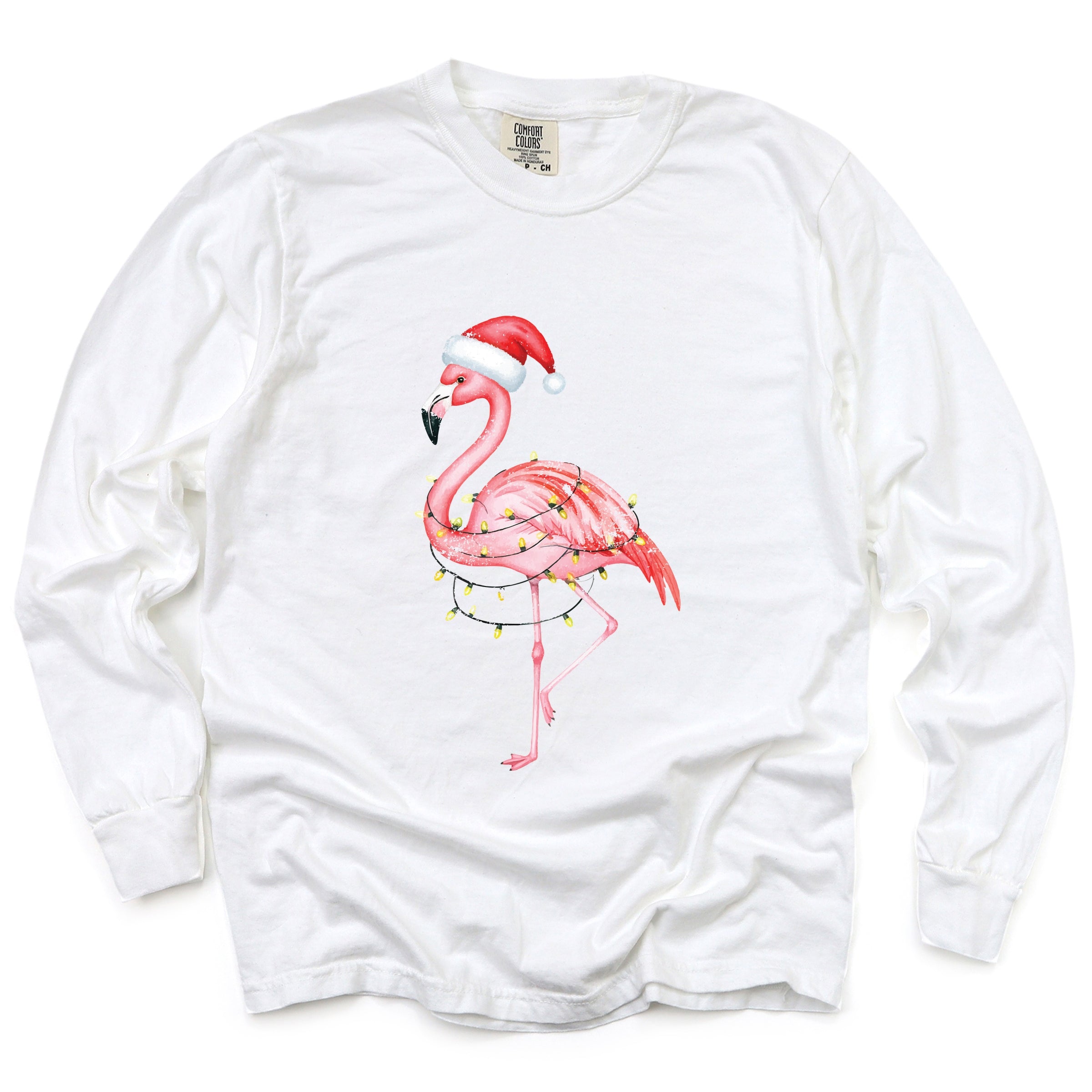 Flamingo Christmas Lights Watercolor - Garment Dyed Long Sleeve