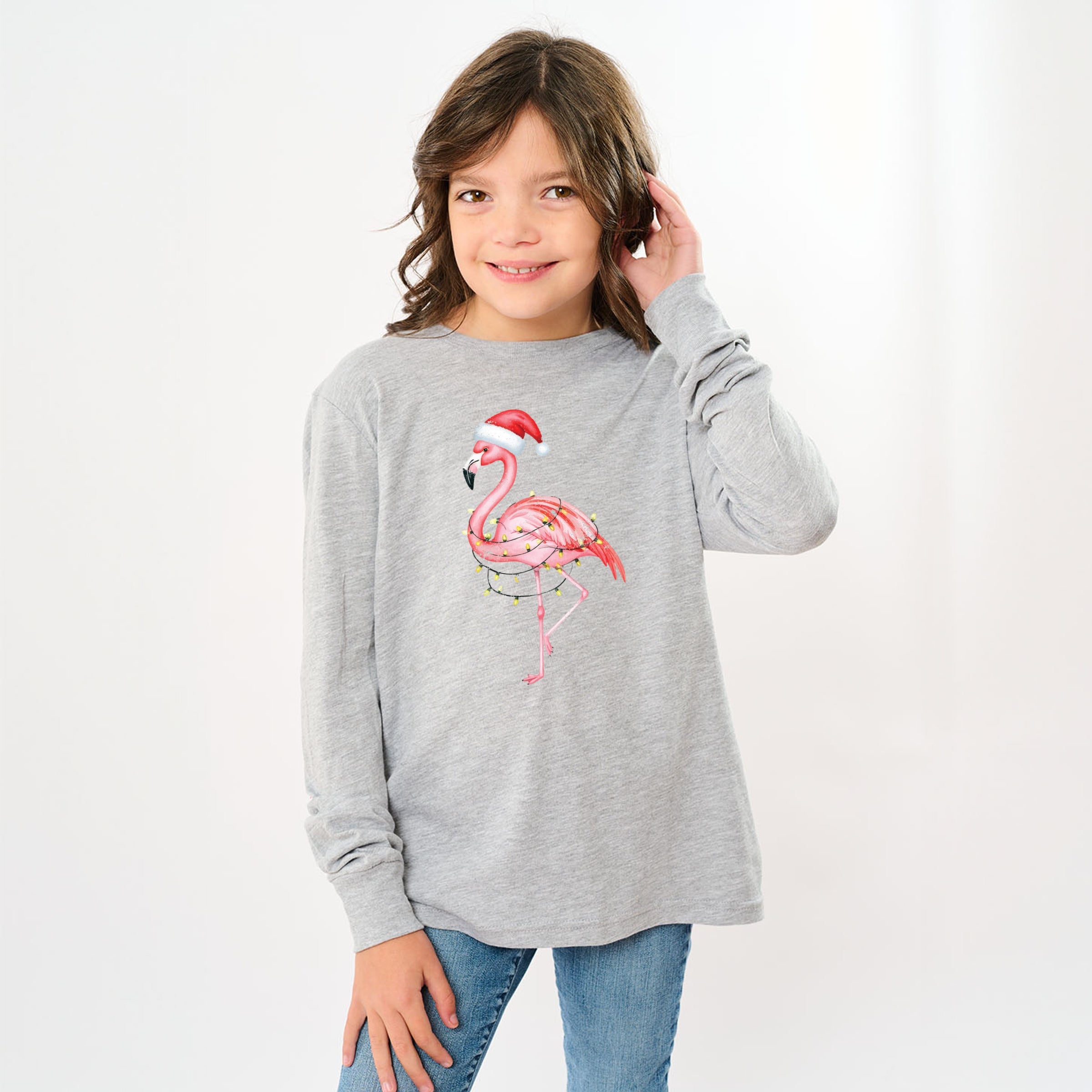 Flamingo Christmas Lights Watercolor - Youth Long Sleeve Graphic T-Shirt