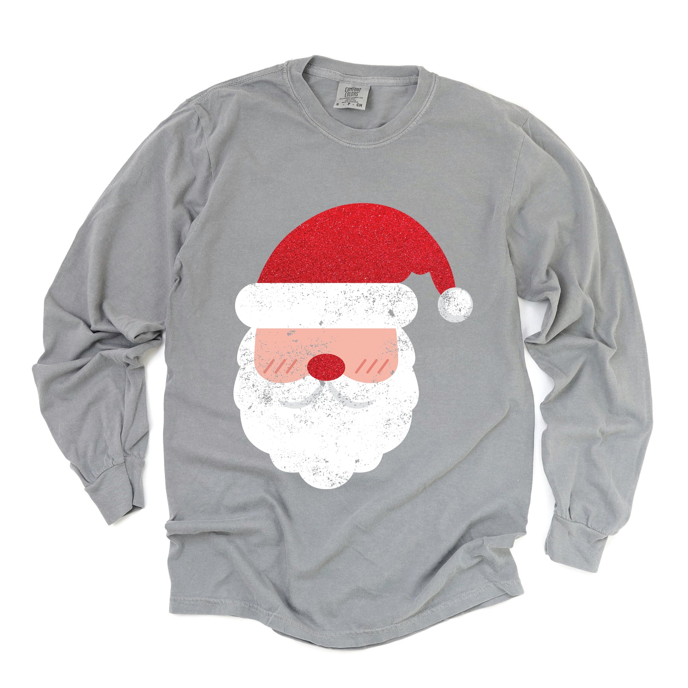 Santa Face Glitter - Womens Garment Dyed Long Sleeve