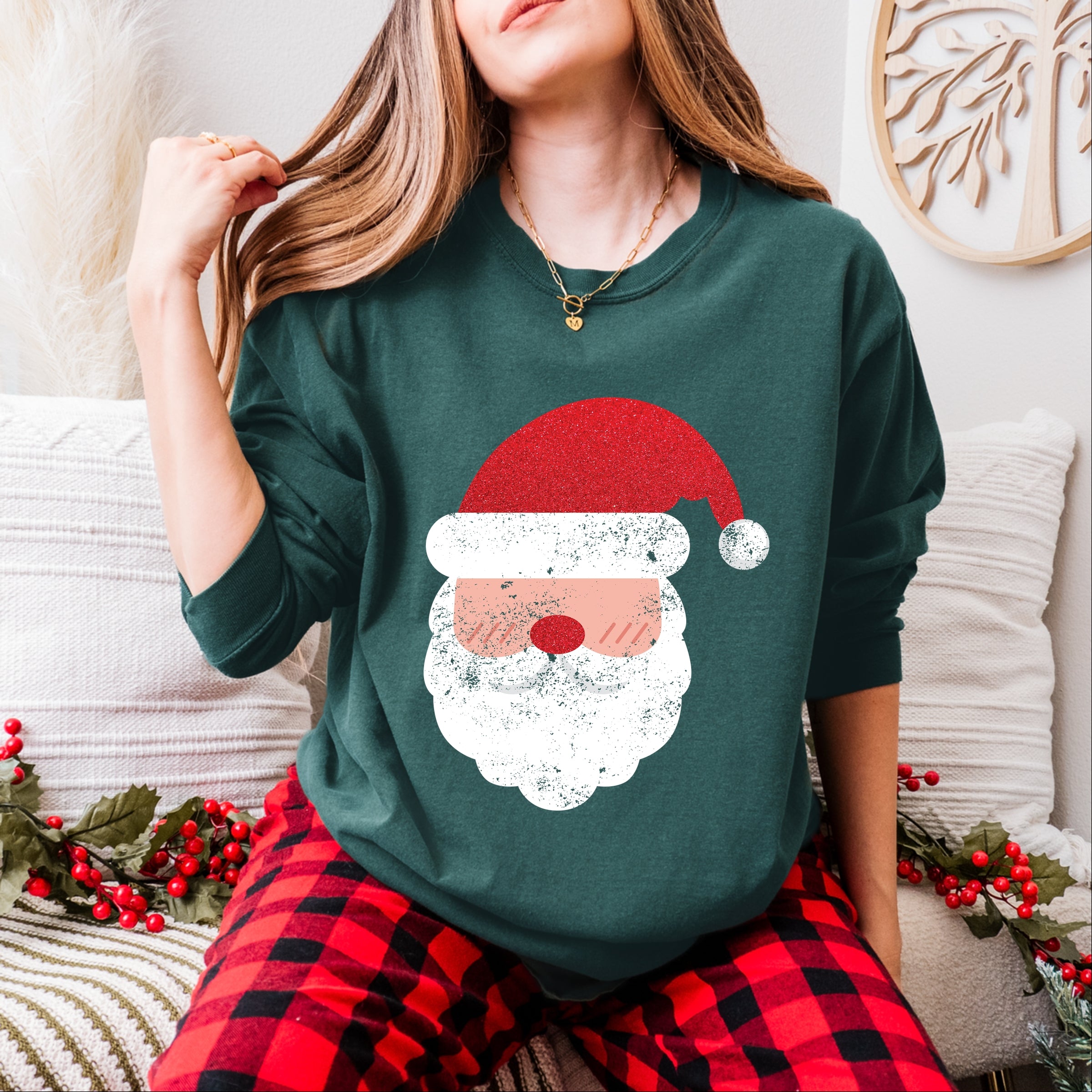 Santa Face Glitter - Womens Garment Dyed Long Sleeve