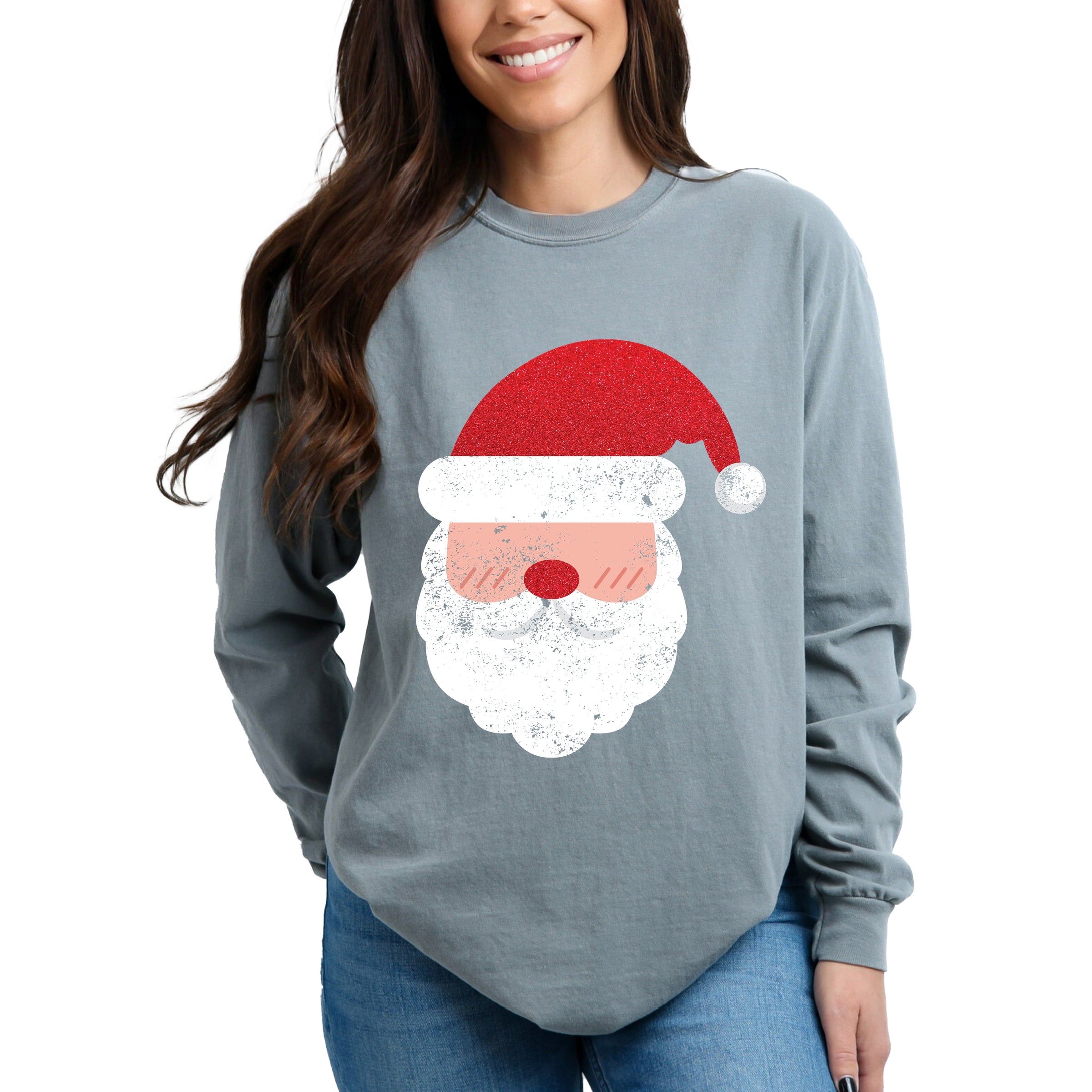 Santa Face Glitter - Womens Garment Dyed Long Sleeve
