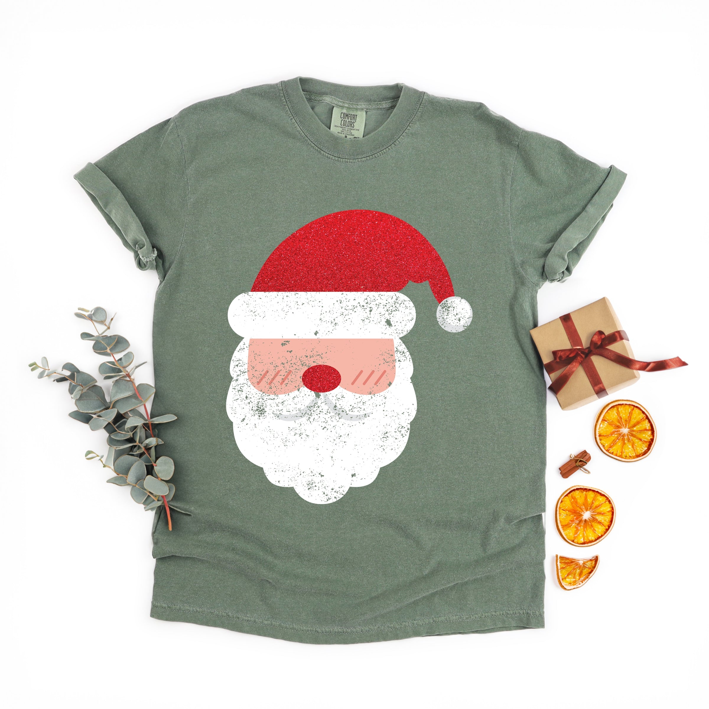 Santa Face Glitter - Womens Garment Dyed Tee