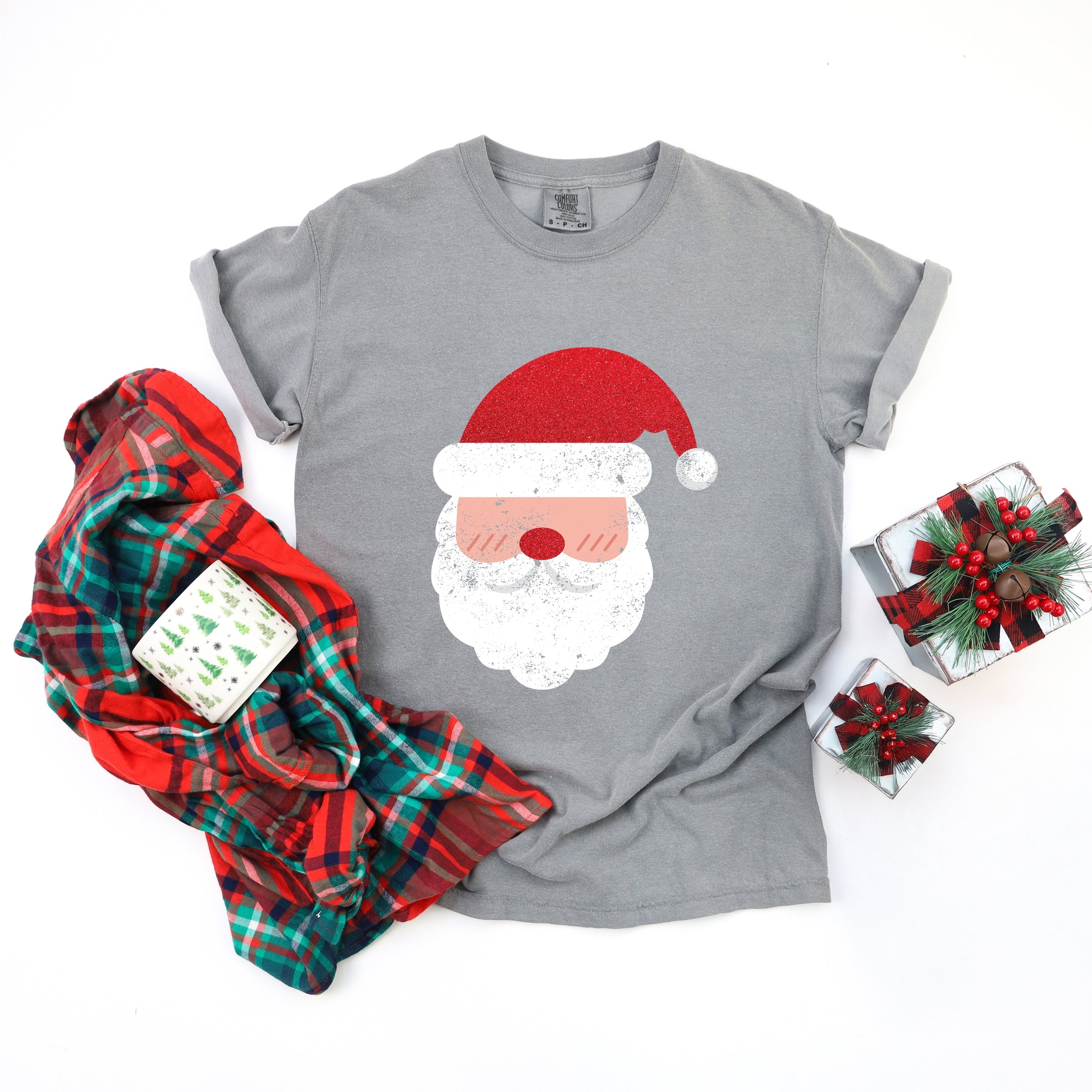 Santa Face Glitter - Womens Garment Dyed Tee