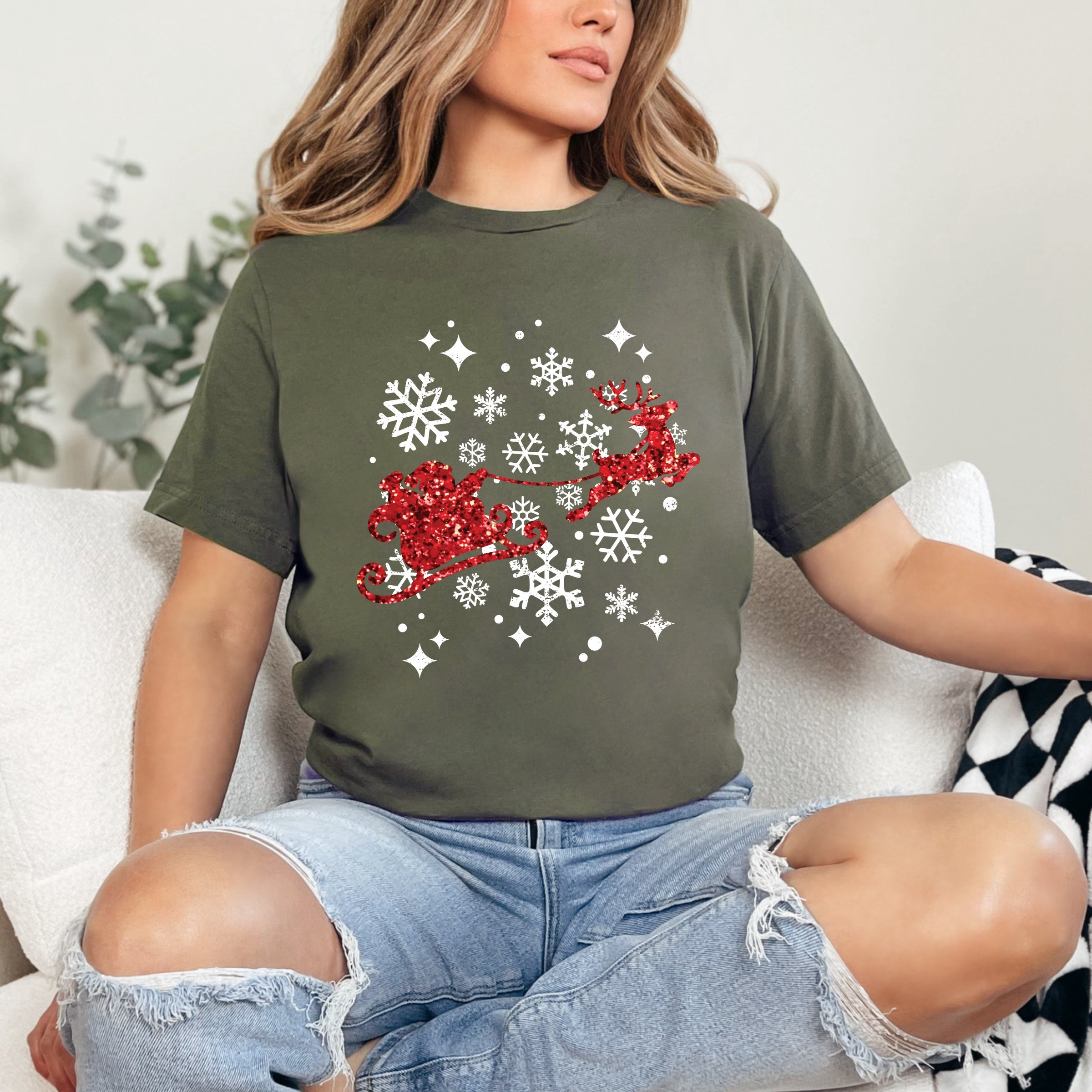 Santa Sleigh Glitter - Womens Short Sleeve Tee