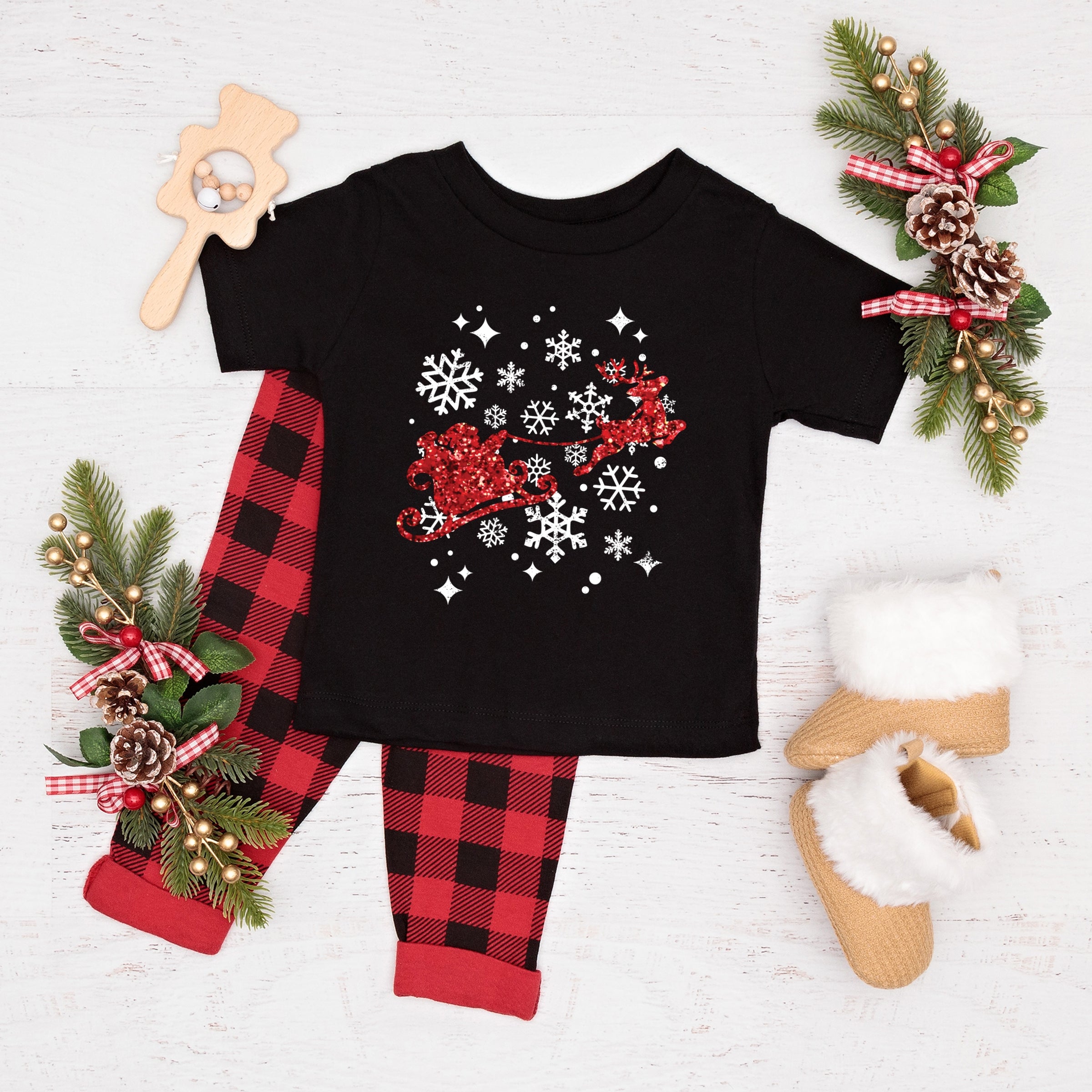 Santa Sleigh Glitter - Toddler Short Sleeve Tee and Kids Youth Short Sleeve Tee