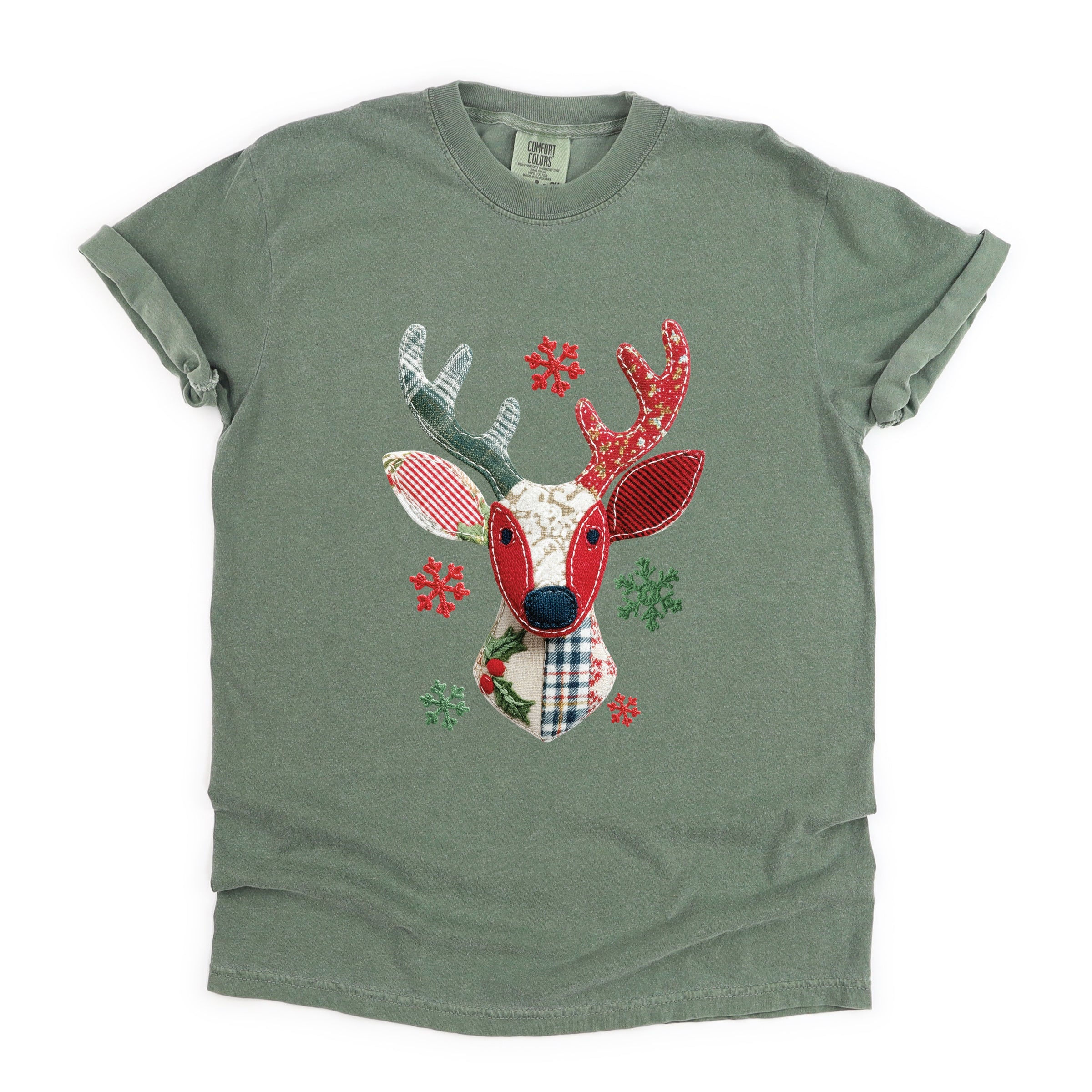 Reindeer Patchwork Print - Womens Garment Dyed Tee