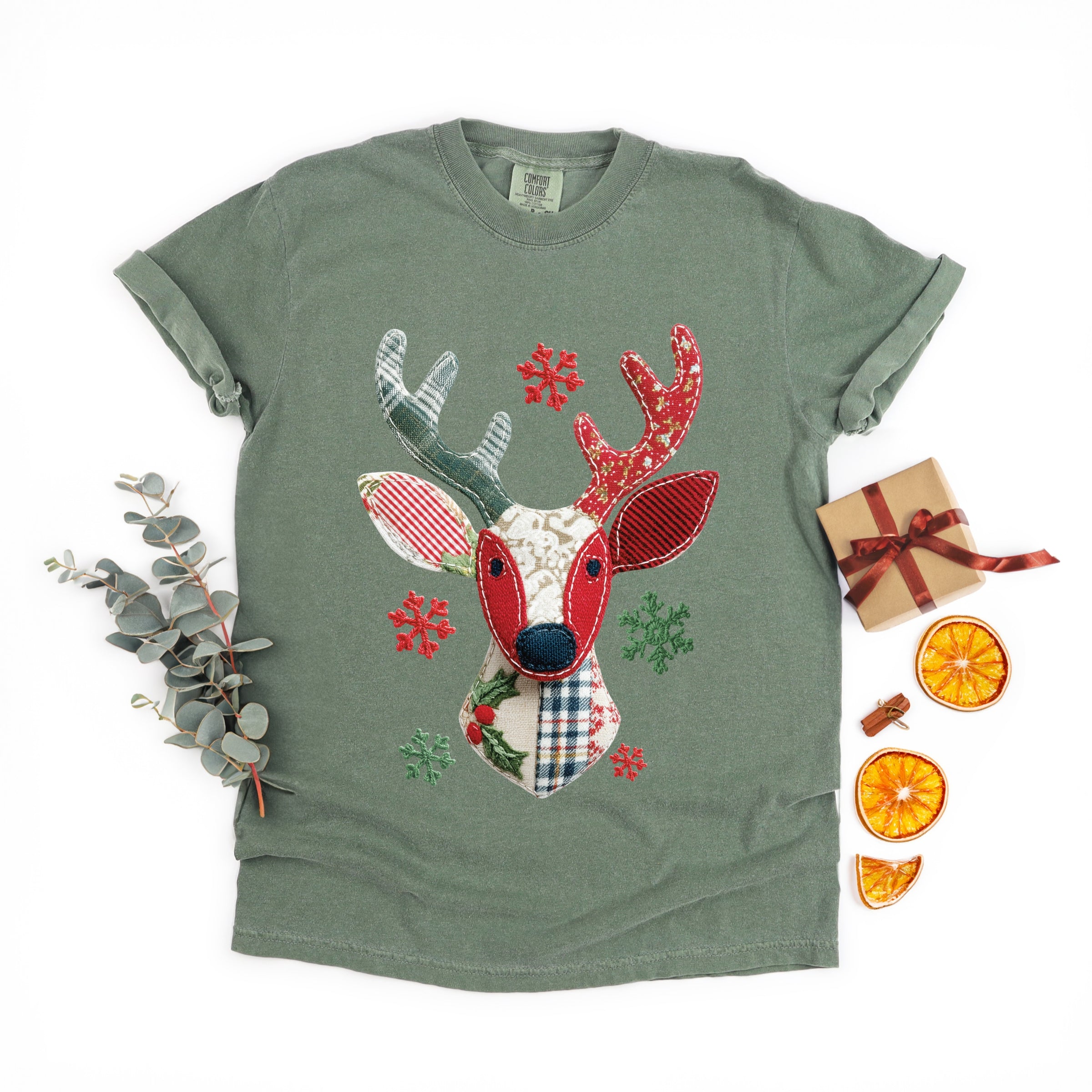 Reindeer Patchwork Print - Womens Garment Dyed Tee