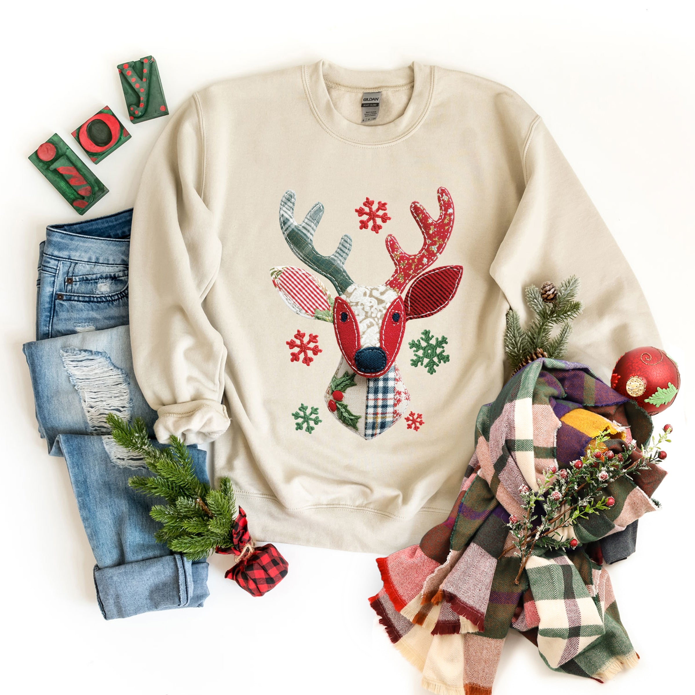 Reindeer Patchwork Print - Womens Sweatshirt