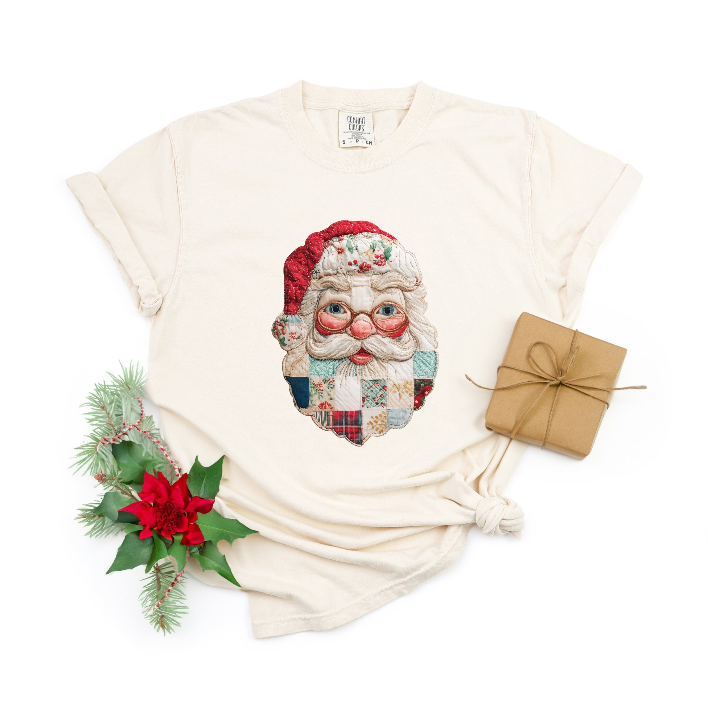 Santa Face Patchwork Print - Women's Garment Dyed Tee