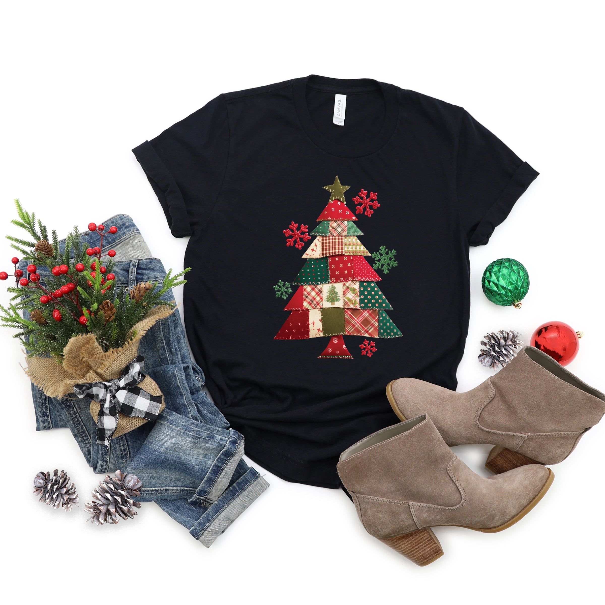 Christmas Tree Patchwork Print - Women's Short Sleeve Graphic T-Shirt