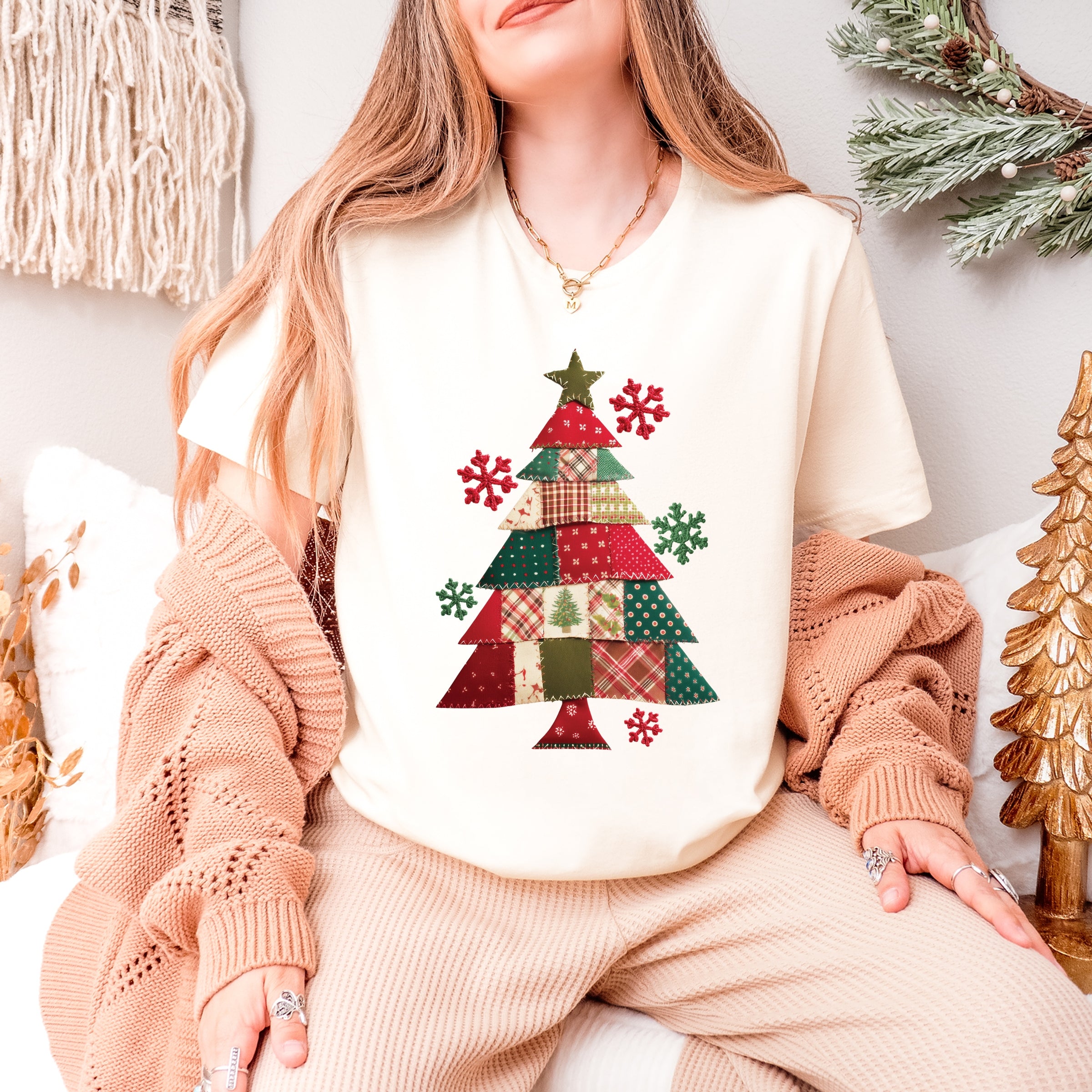 Christmas Tree Patchwork Print - Women's Short Sleeve Graphic T-Shirt
