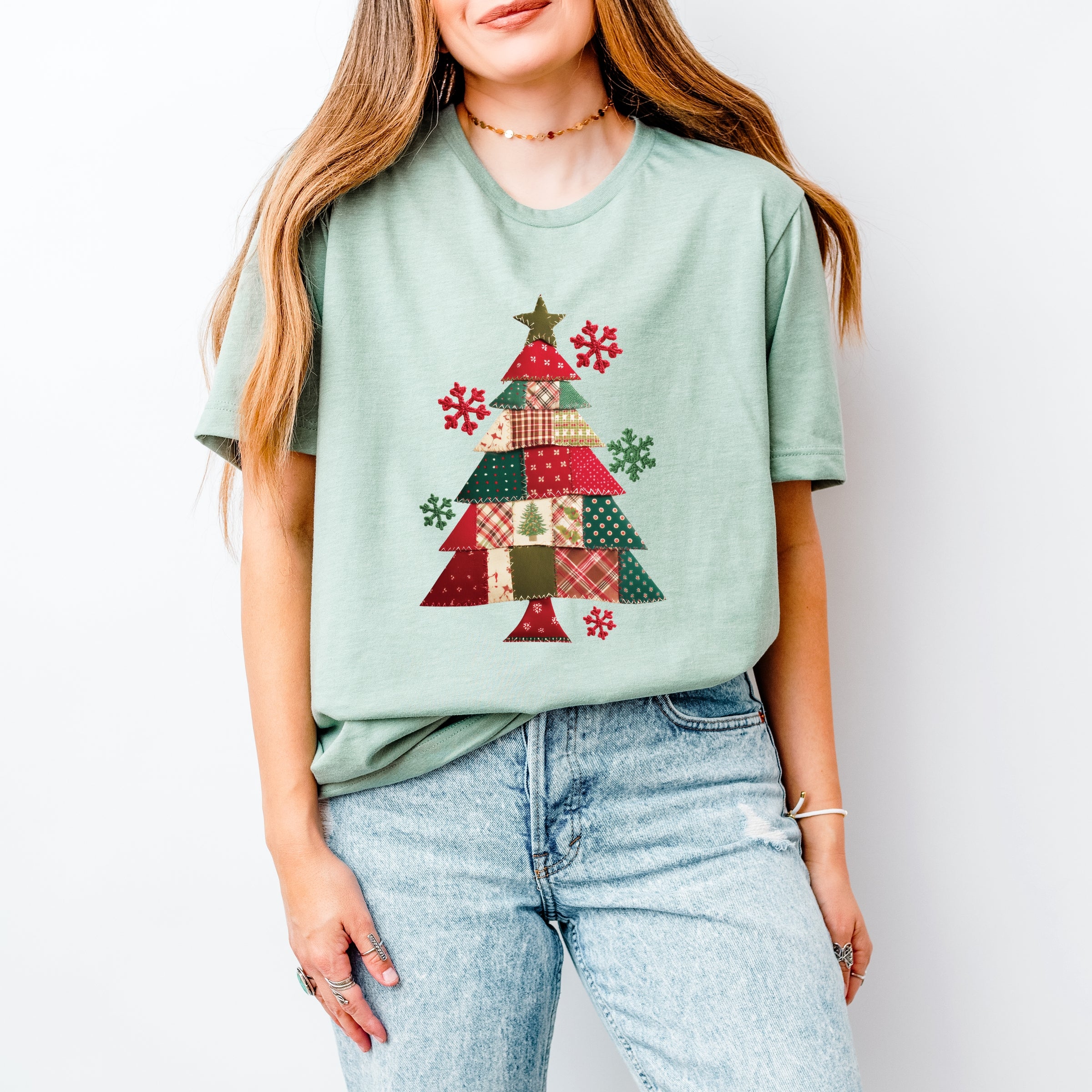 Christmas Tree Patchwork Print - Women's Short Sleeve Graphic T-Shirt