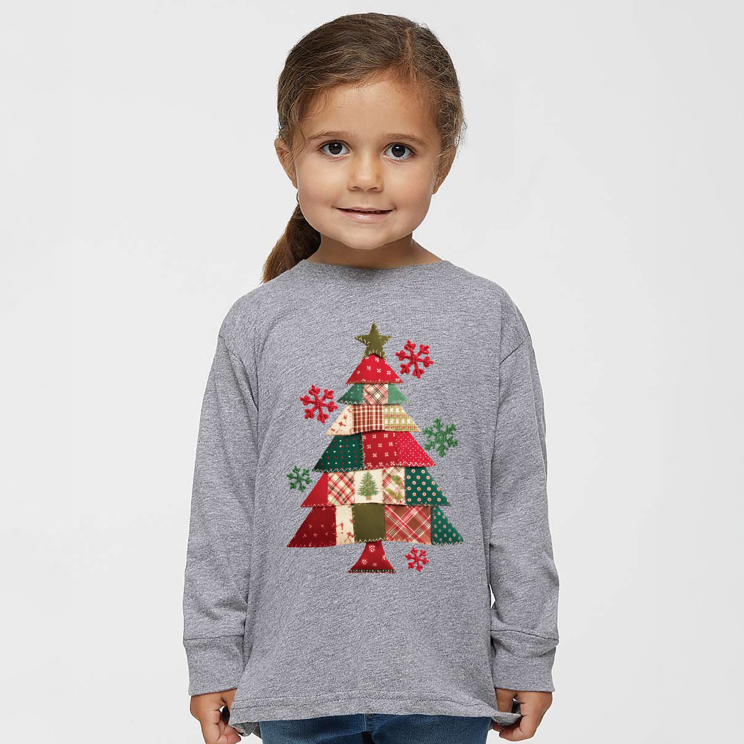 Christmas Tree Patchwork Print - Toddler Long Sleeve Graphic Tee