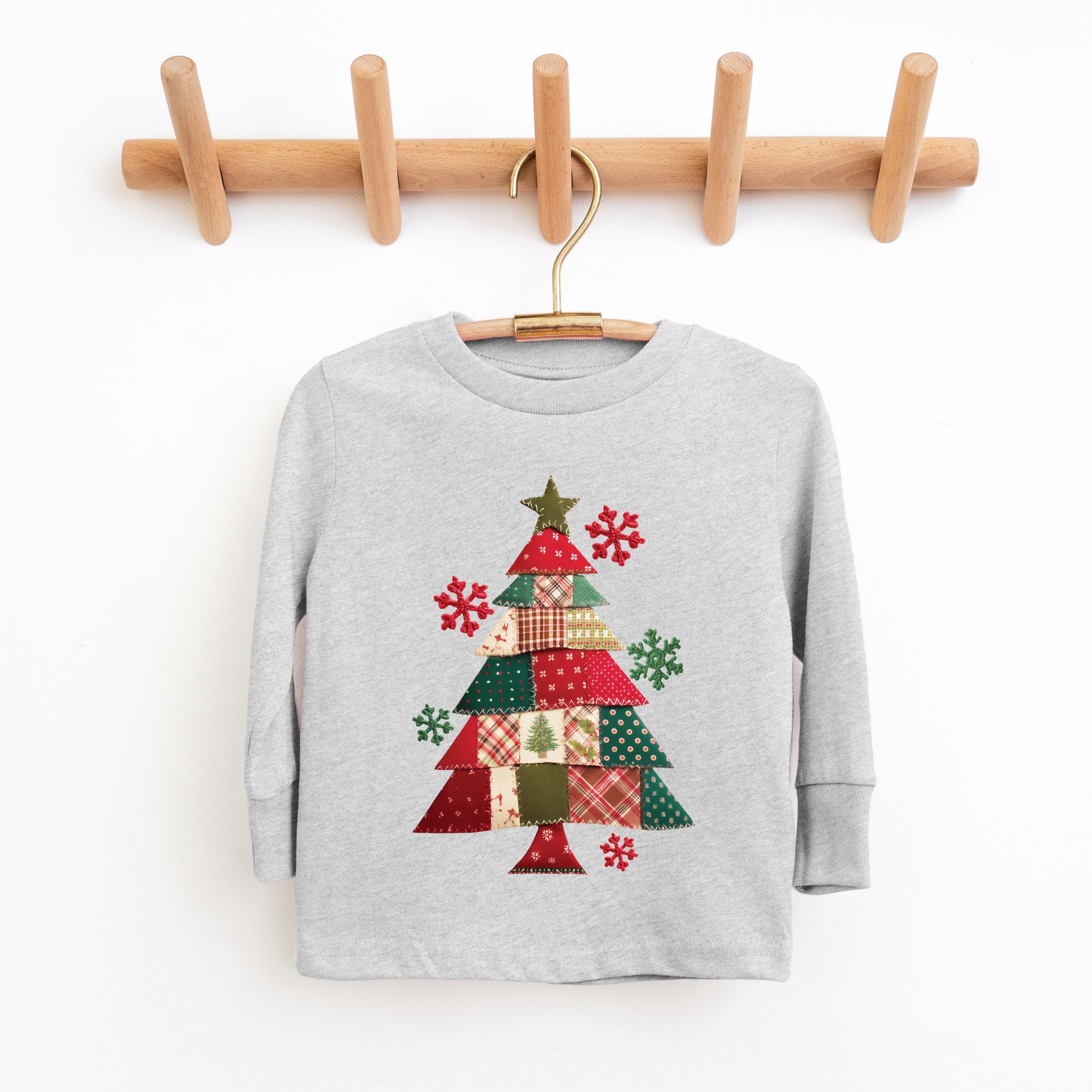 Christmas Tree Patchwork Print - Youth Long Sleeve Graphic T-Shirt