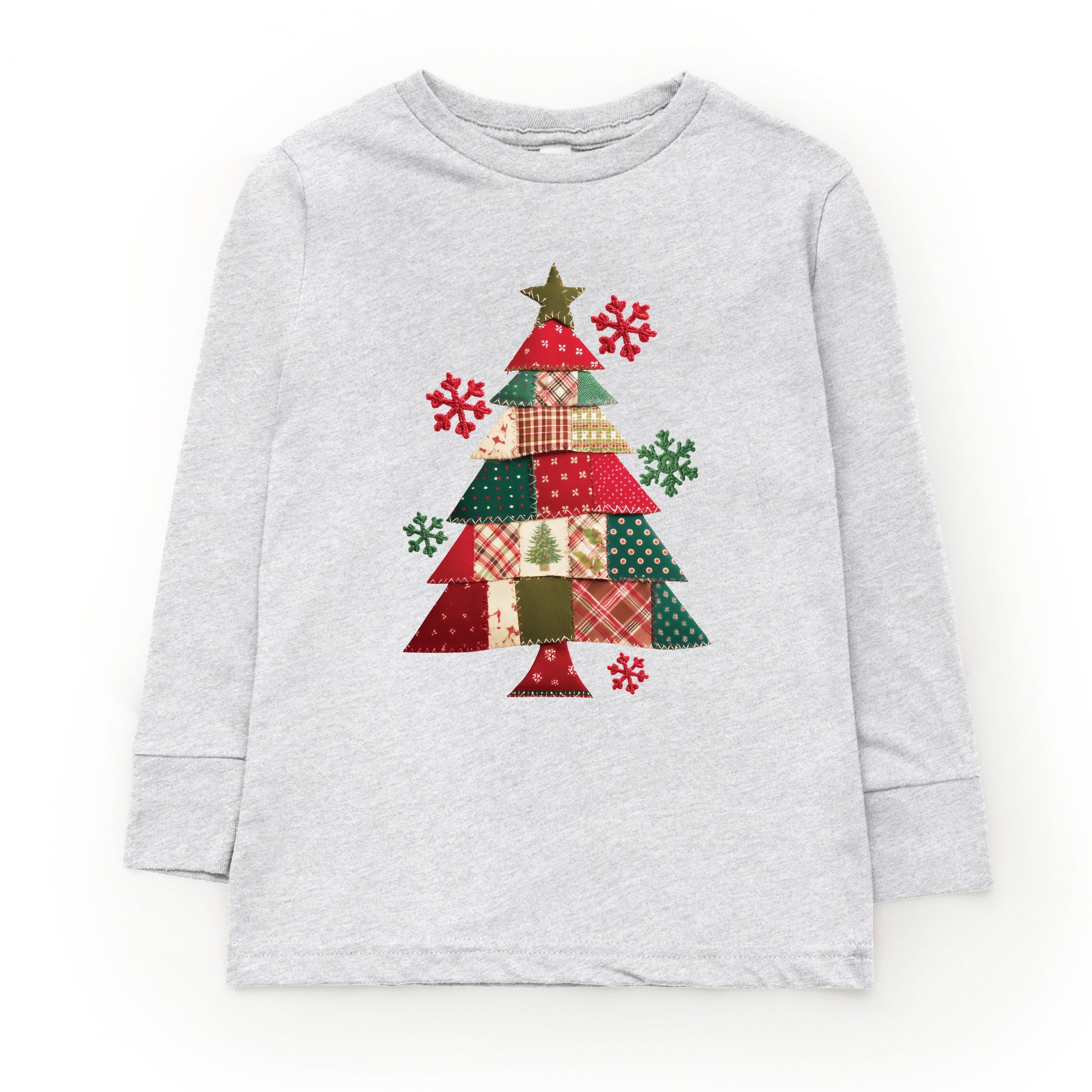 Christmas Tree Patchwork Print - Youth Long Sleeve Graphic T-Shirt
