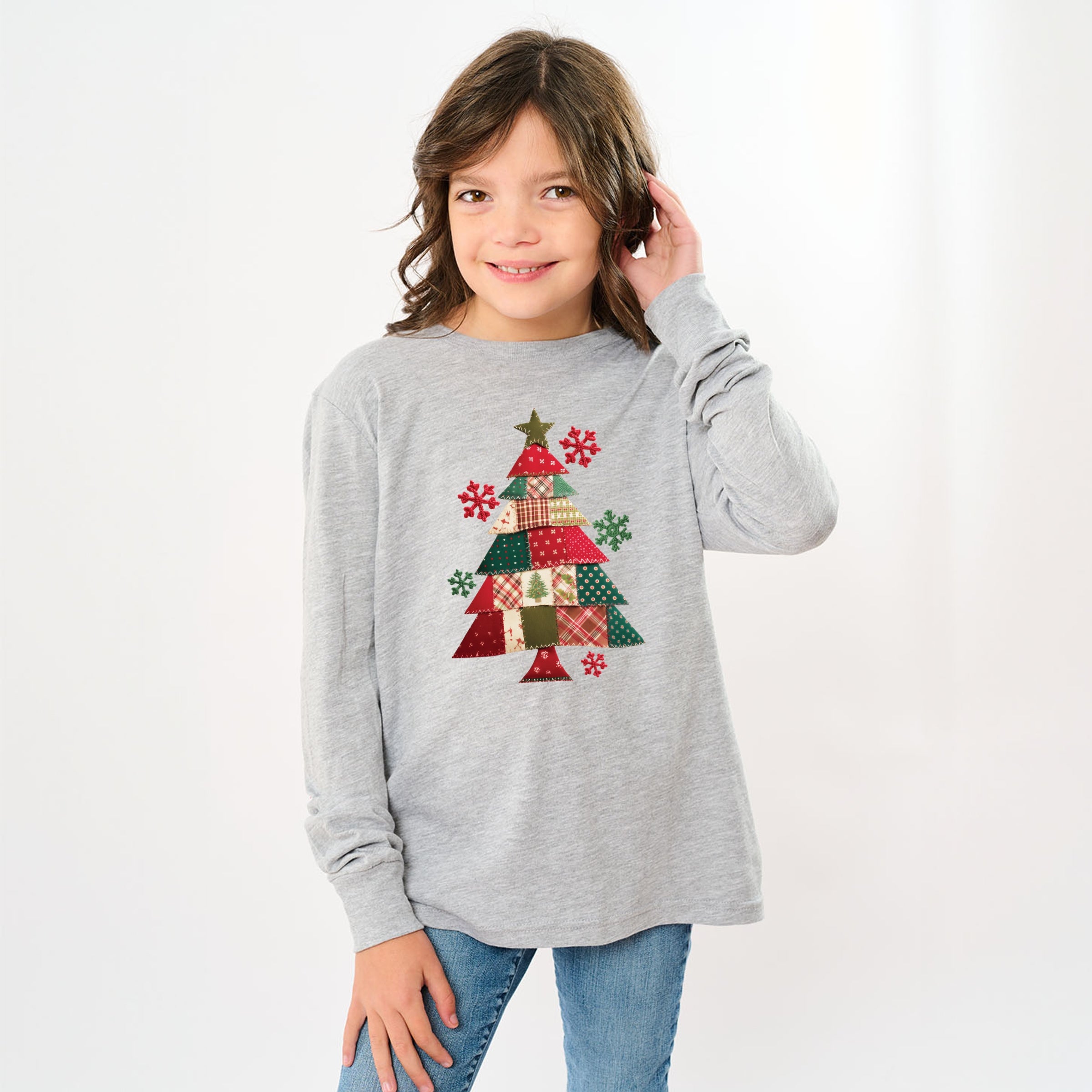 Christmas Tree Patchwork Print - Youth Long Sleeve Graphic T-Shirt