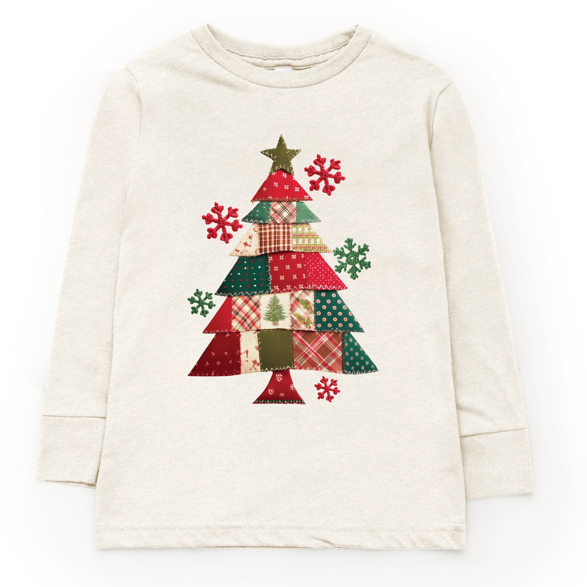 Christmas Tree Patchwork Print - Youth Long Sleeve Graphic T-Shirt